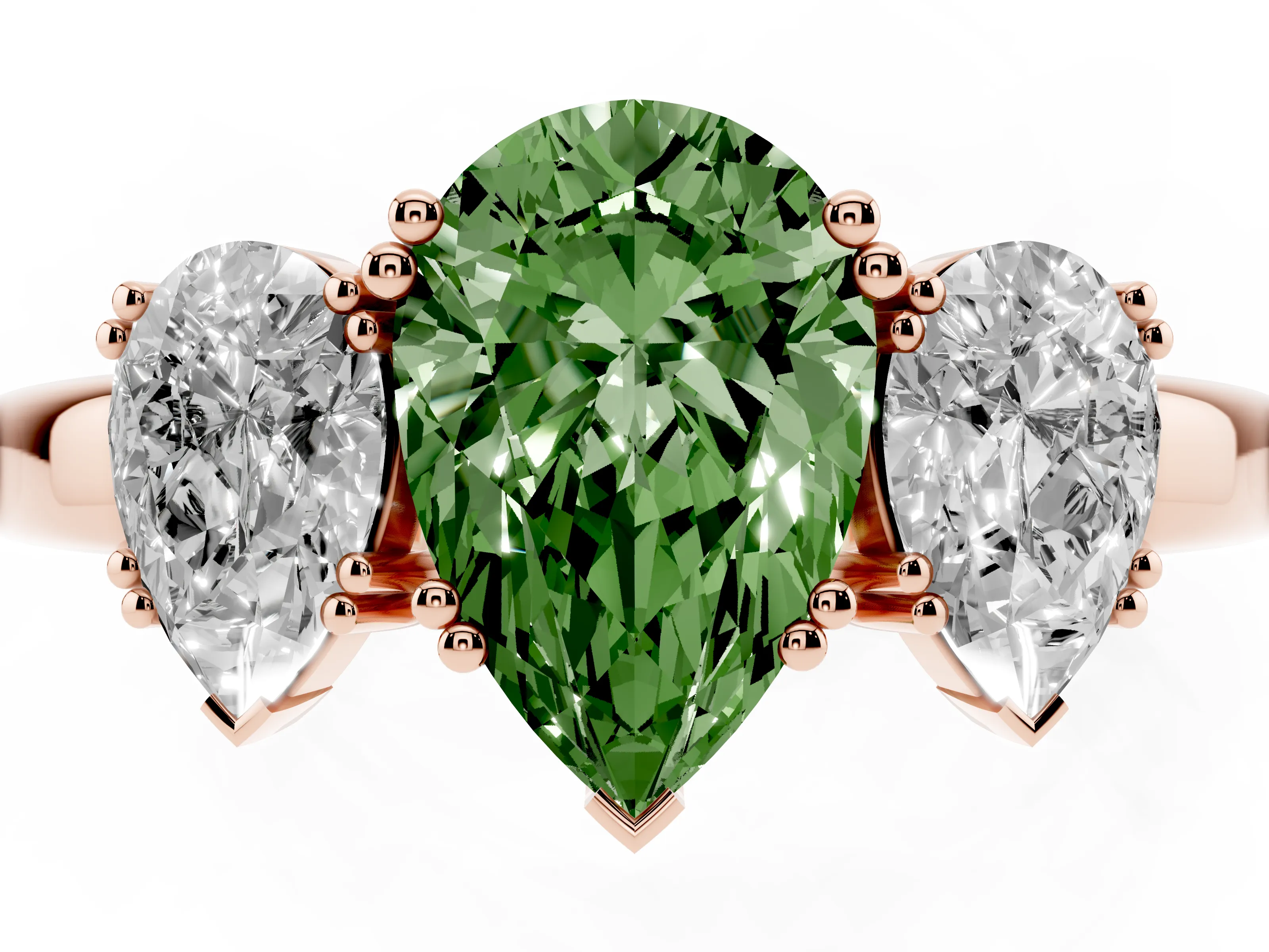 Fancy Green Pear Cut Diamond Three-Stone Ring Set in Rose gold with Polished Channel-Set Band