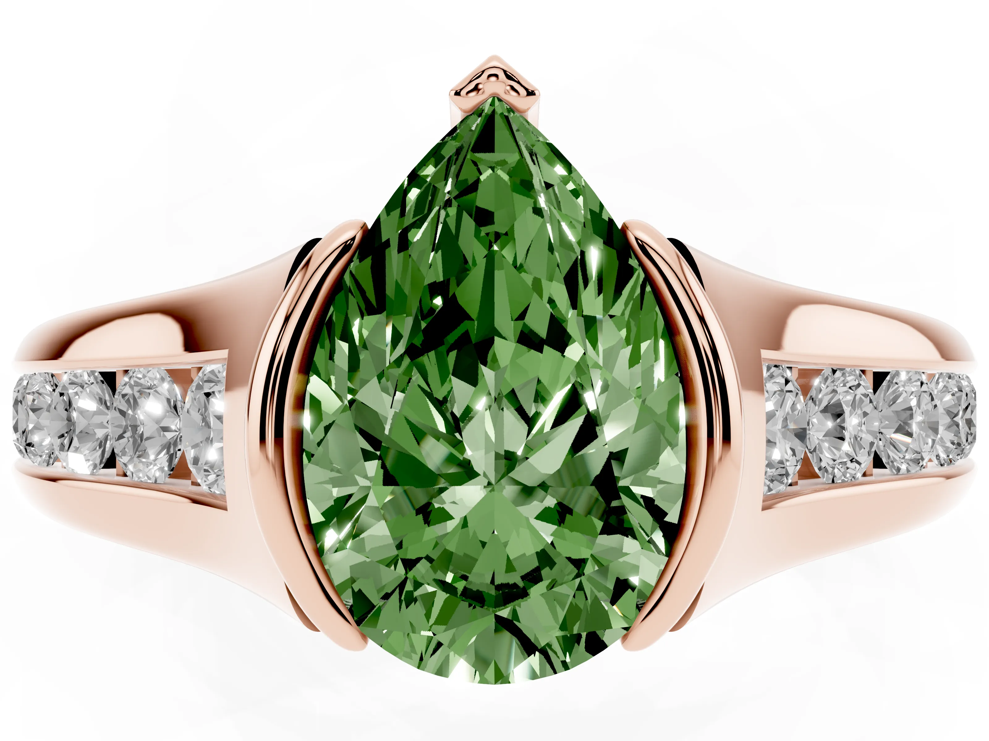 Fancy Green Pear Cut Diamond Bezel-Set Solitaire Ring Set in Rose gold with Channel-Set Band