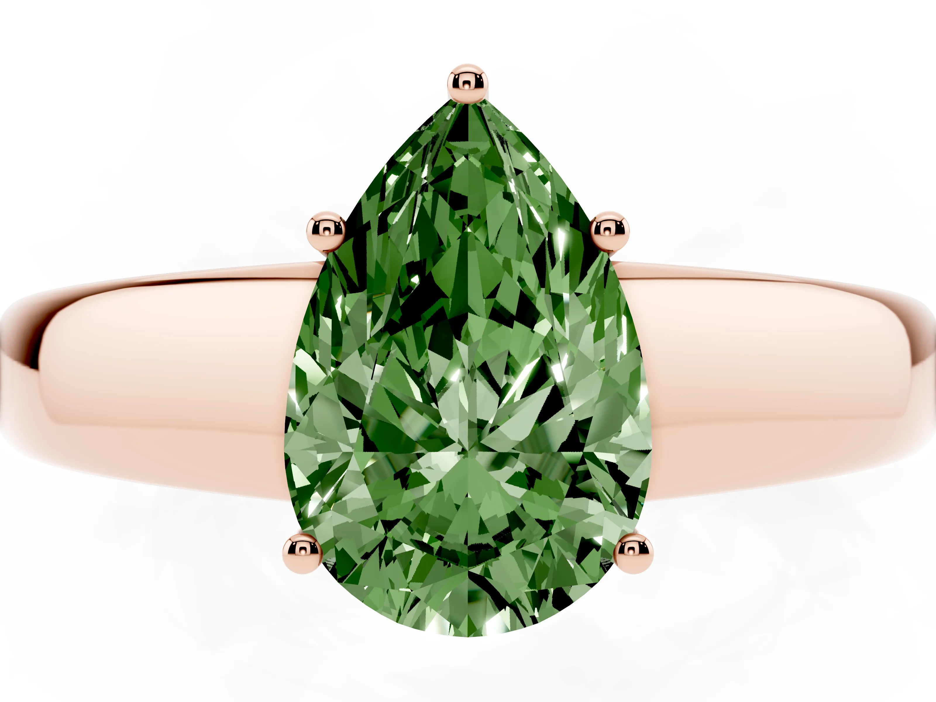 Fancy Green Pear Cut Diamond Solitaire Ring Set in Rose gold with Tapered Band and Prong Setting