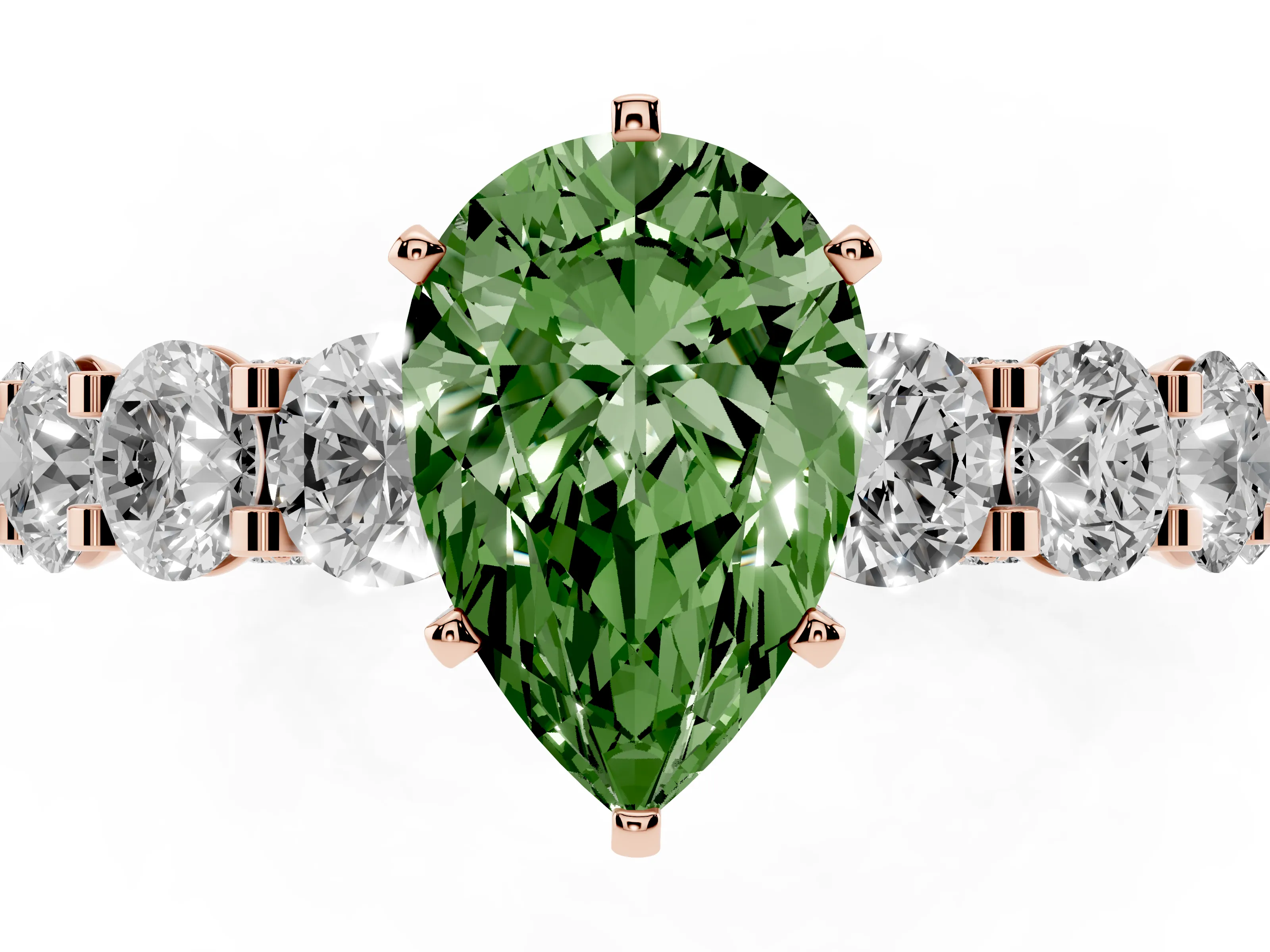 Fancy Green Pear Cut Diamond Side Stone Ring Set in Rose gold with Alternating Round and Oval Side Stones