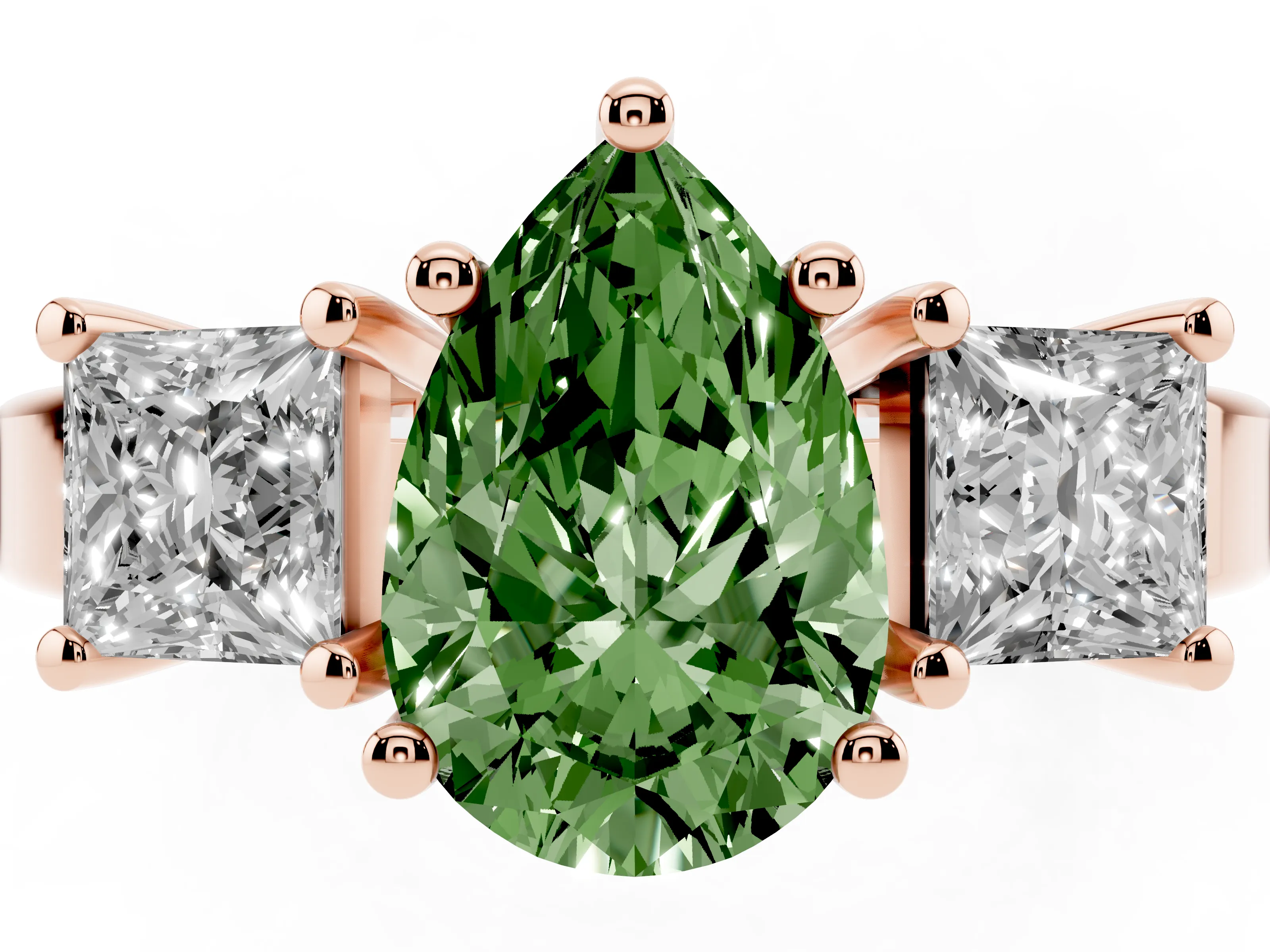 Fancy Green Three-Stone Pear Cut Diamond Solitaire Ring Set in Rose gold with Prong Setting