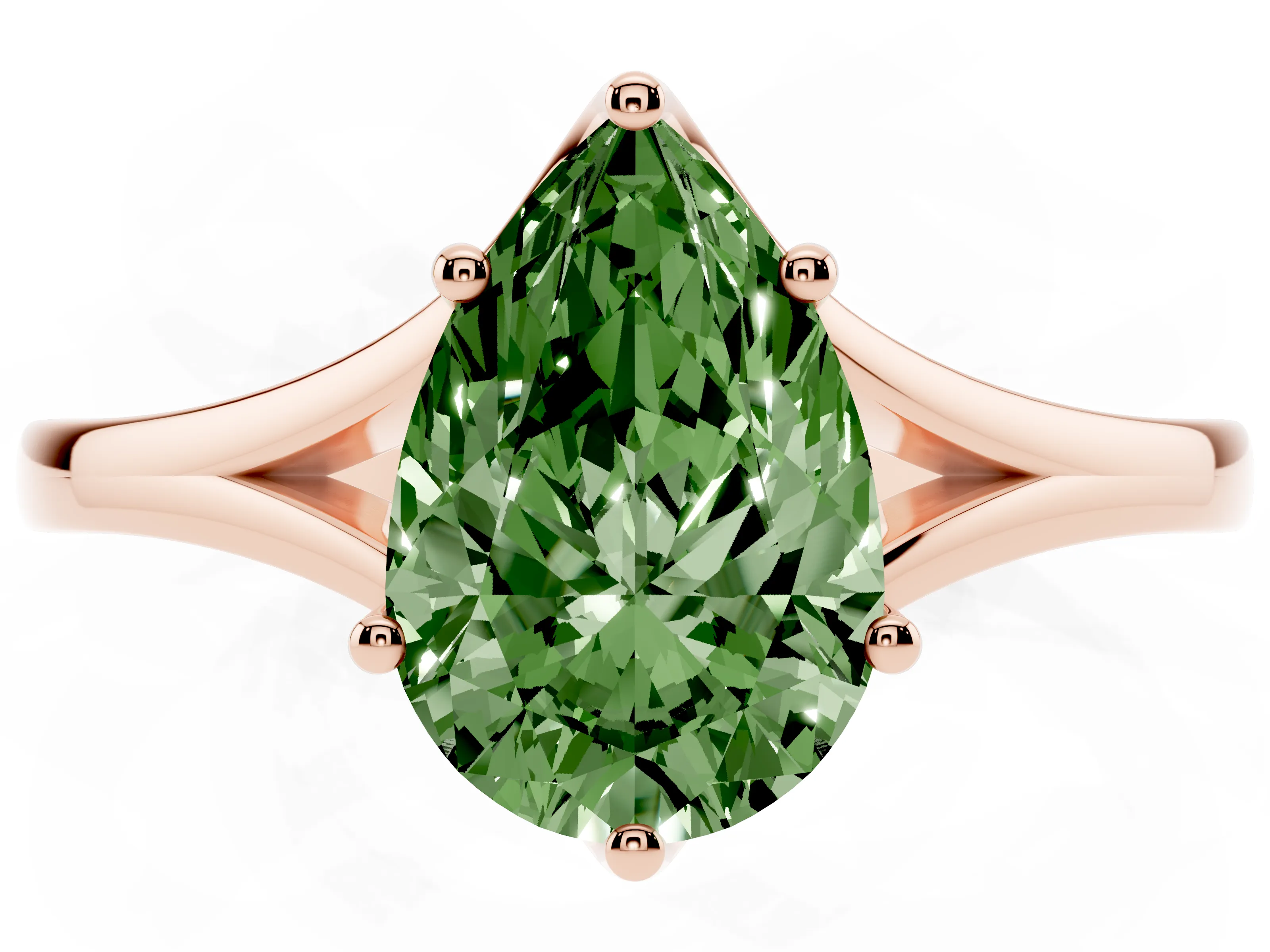 Fancy Green Pear Cut Diamond Solitaire Ring Set in Rose gold with Polished Tapered Band and Prong Setting