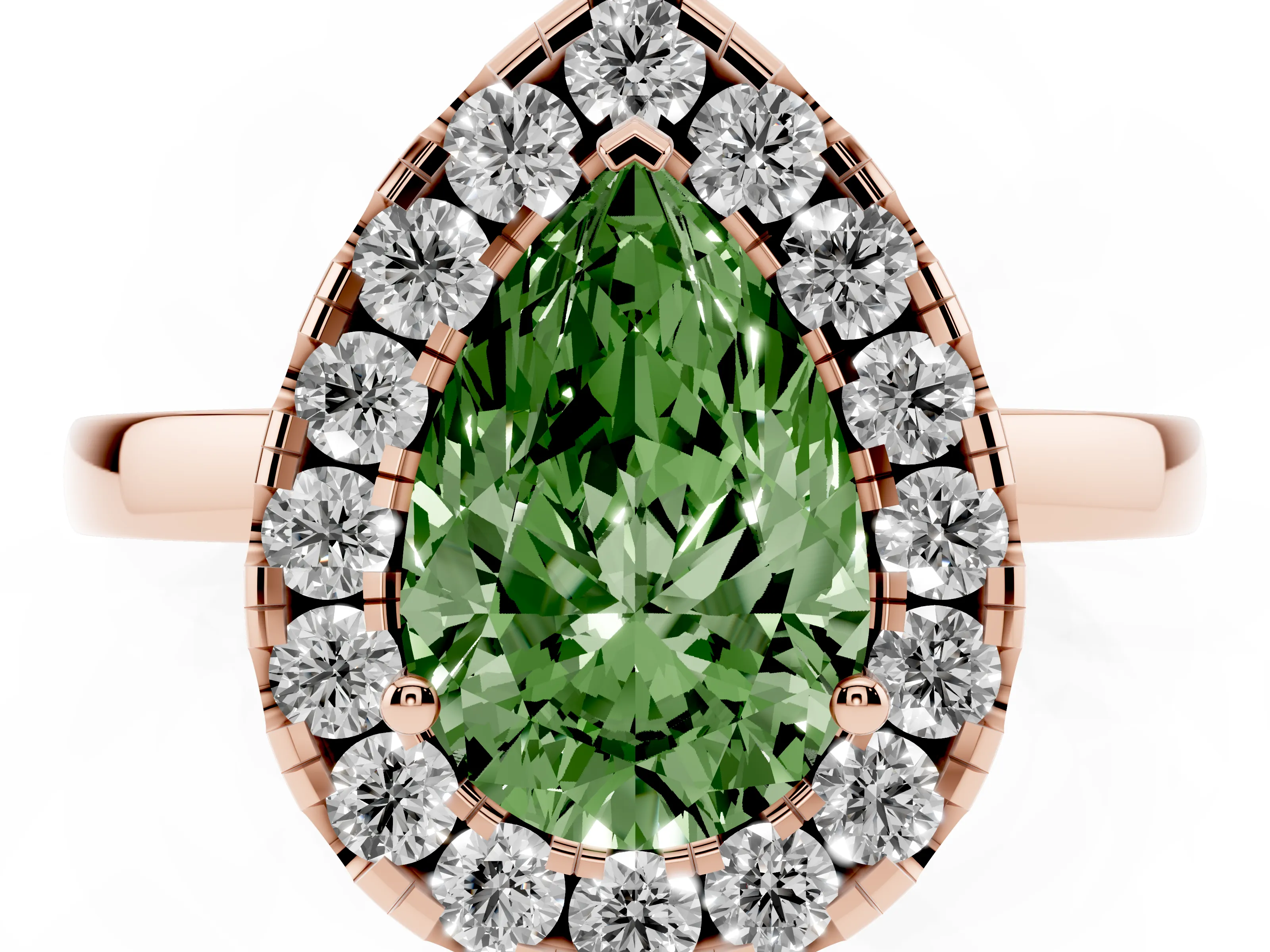 Fancy Green Pear Cut Diamond Halo Solitaire Ring Set in Rose gold with Pavé Band and Prong Setting
