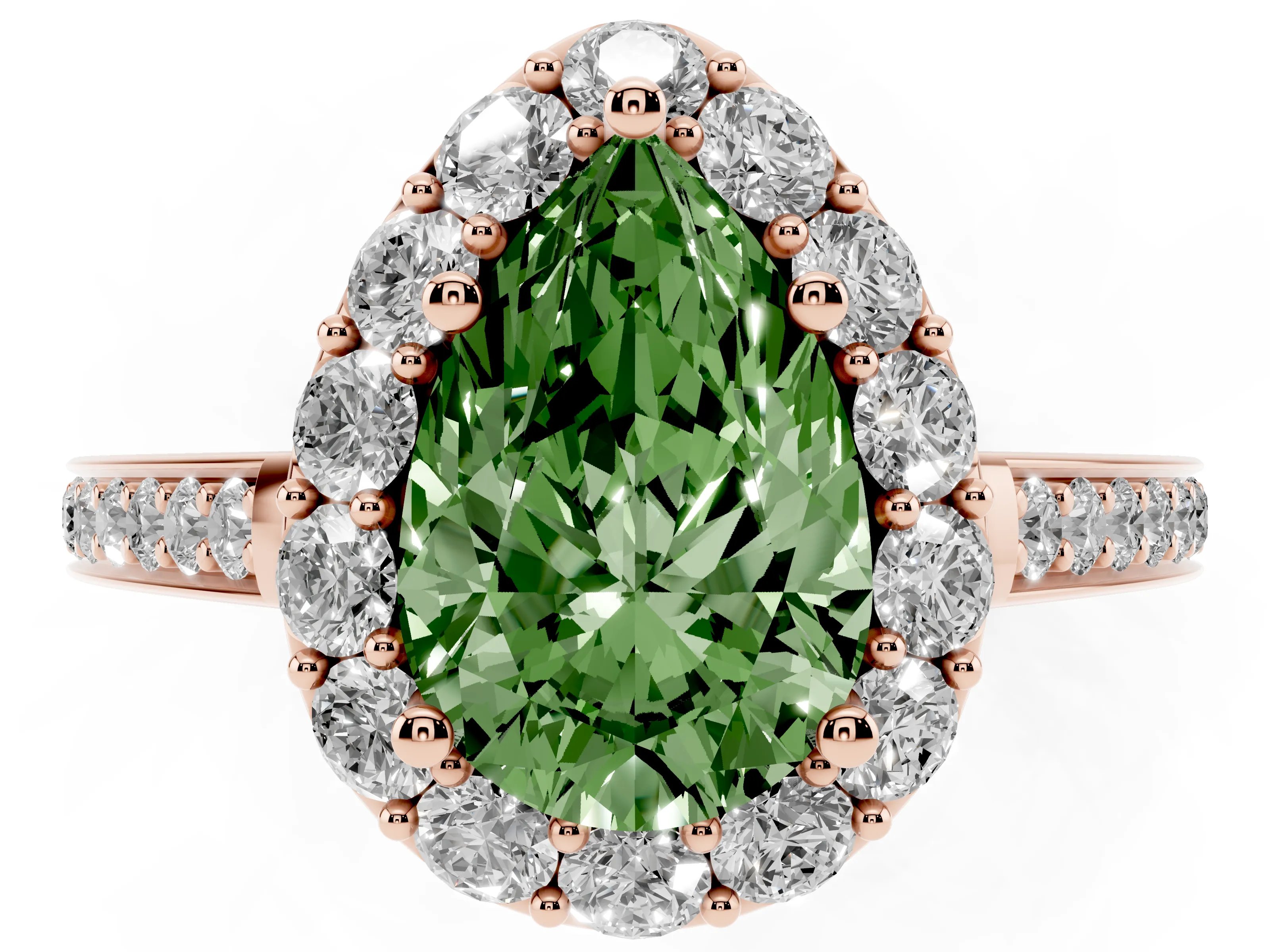 Fancy Green Pear Cut Diamond Floral Halo Ring Set in Rose gold with Pavé Band and Prong Setting