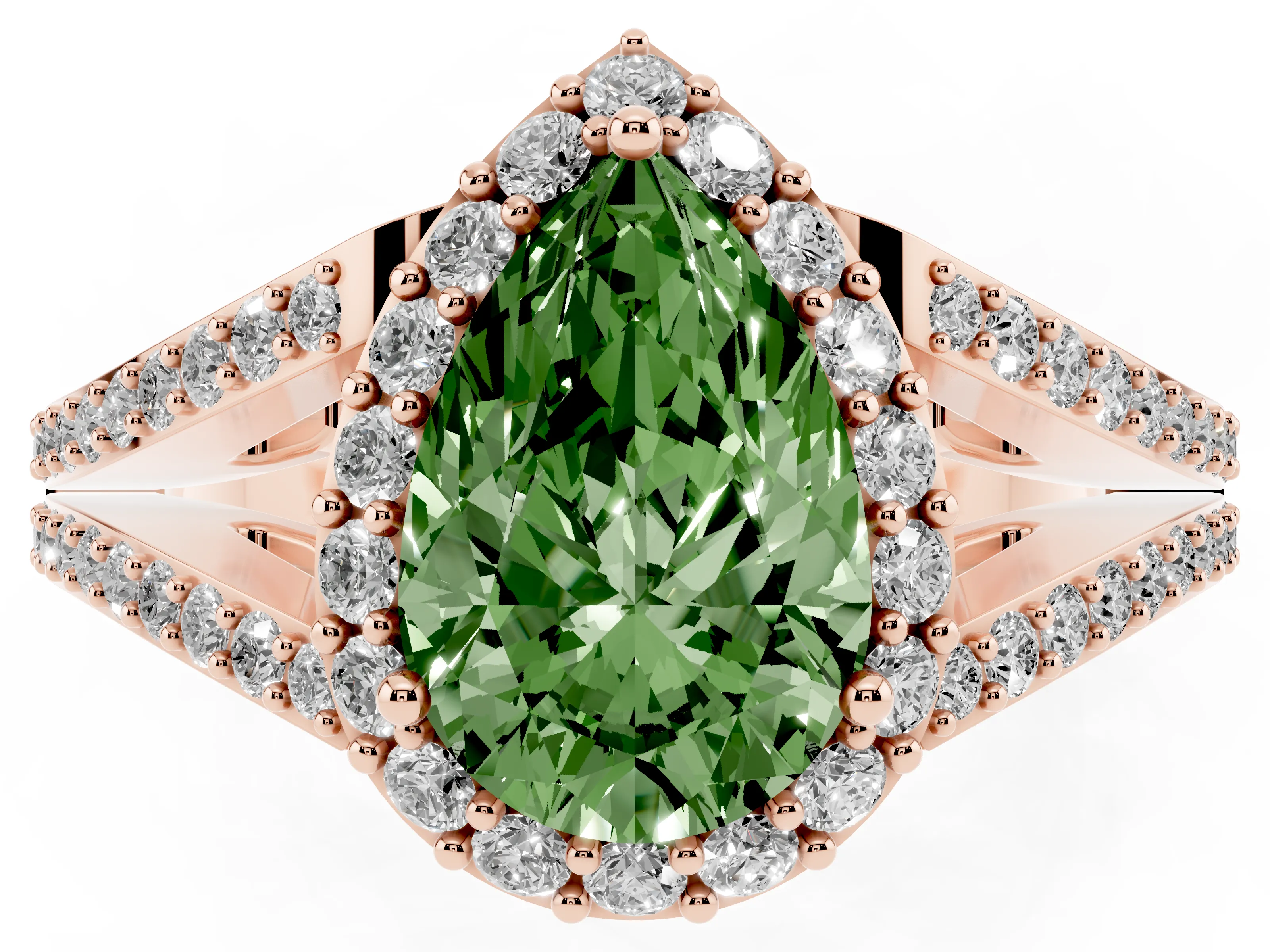 Fancy Green Pear Cut Diamond Halo Split Shank Pavé Ring Set in Rose gold with Prong Setting
