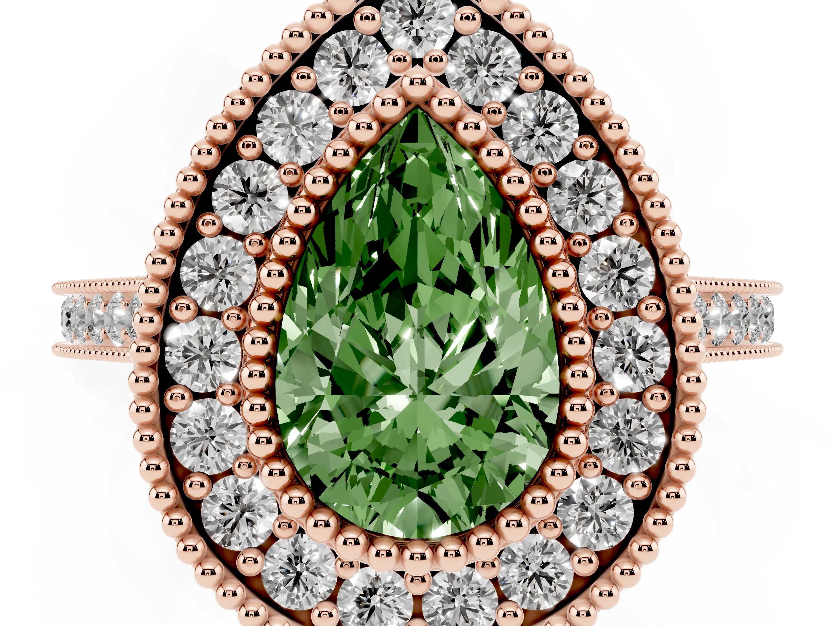 Fancy Green Pear Cut Diamond Halo Ring Set in Rose gold with Milgrain Frame and Pavé Band