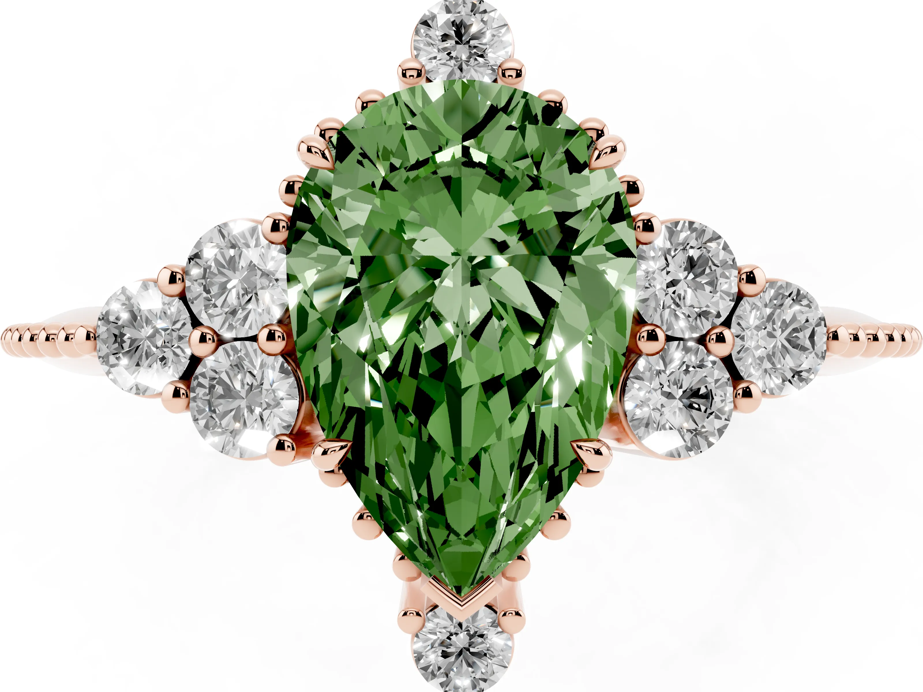 Fancy Green Pear Cut Diamond Cluster Ring Set in Rose gold with Beaded Band