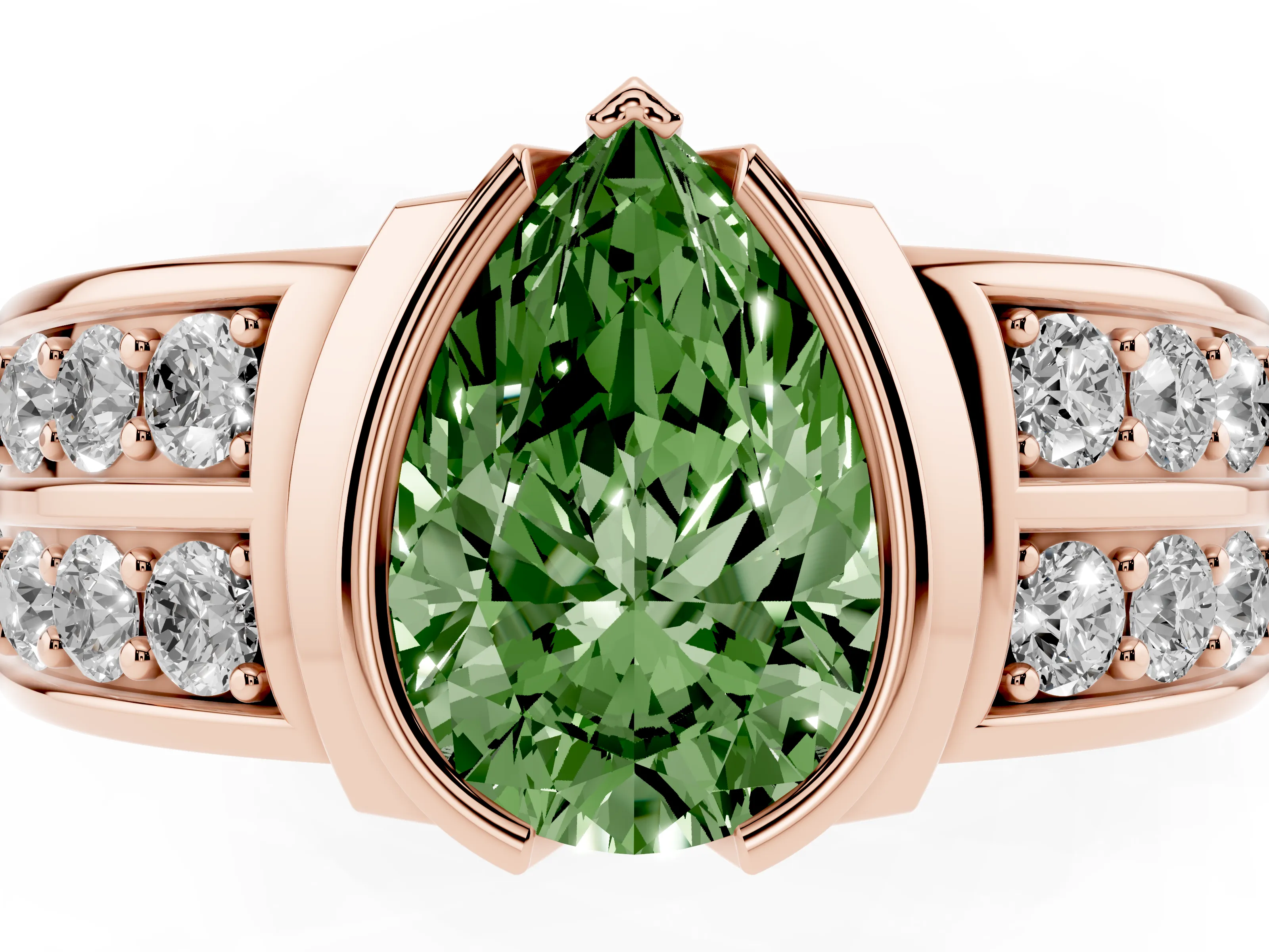 Fancy Green Pear Cut Diamond Wide Channel Set Band Ring Set in Rose gold with Bezel Setting