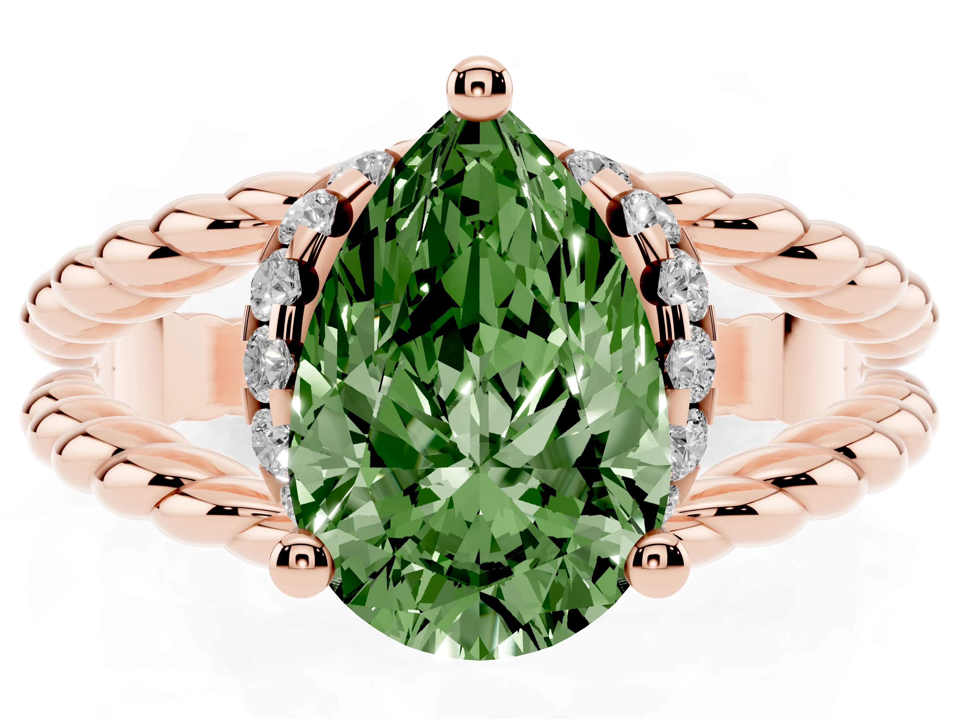 Fancy Green Pear Cut Diamond Halo Ring Set in Rose gold with Twisted Band and Prong Setting