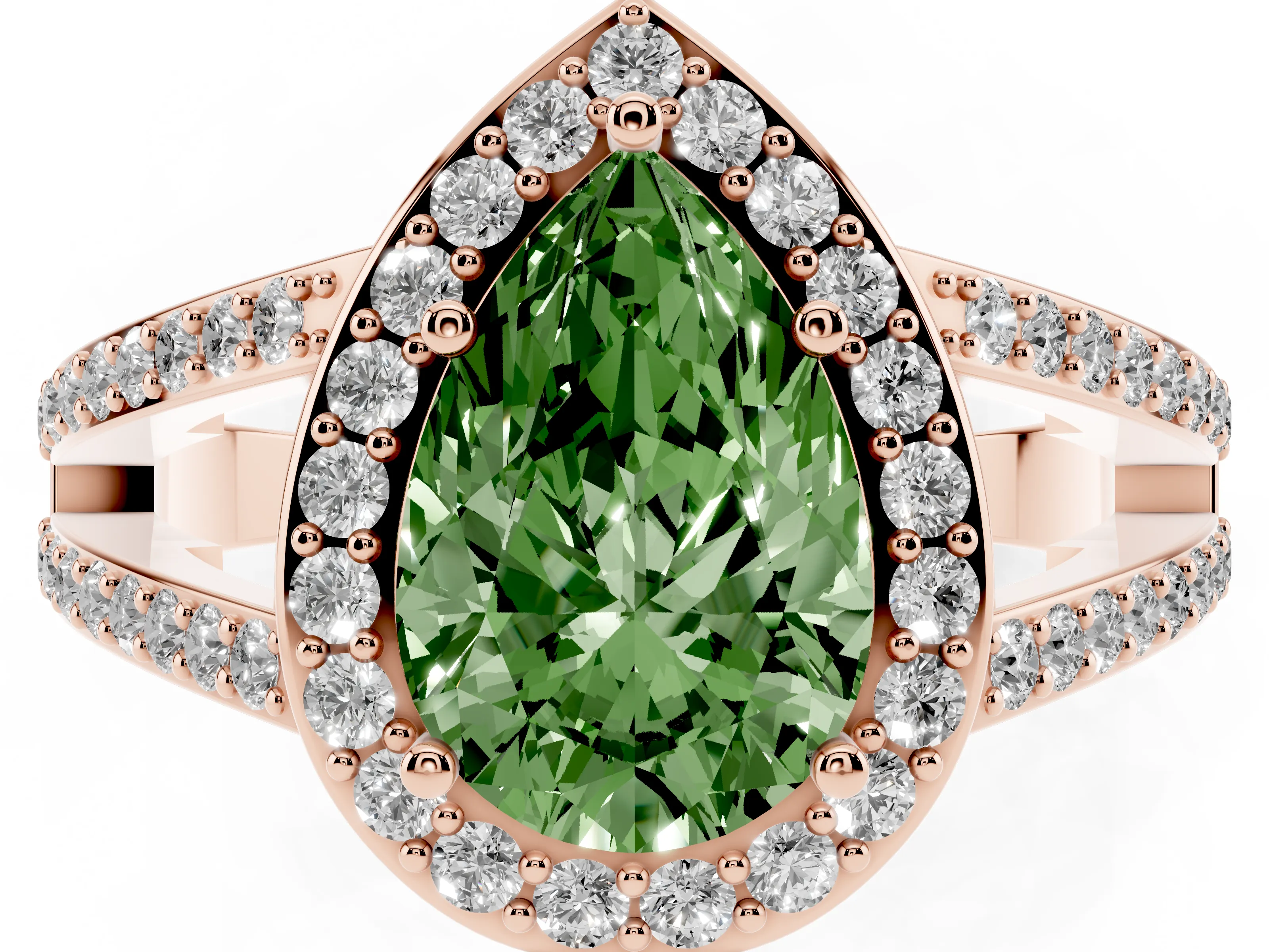 Fancy Green Pear Cut Diamond Halo Ring Set in Rose gold with U-Prong Split Shank and Prong Setting