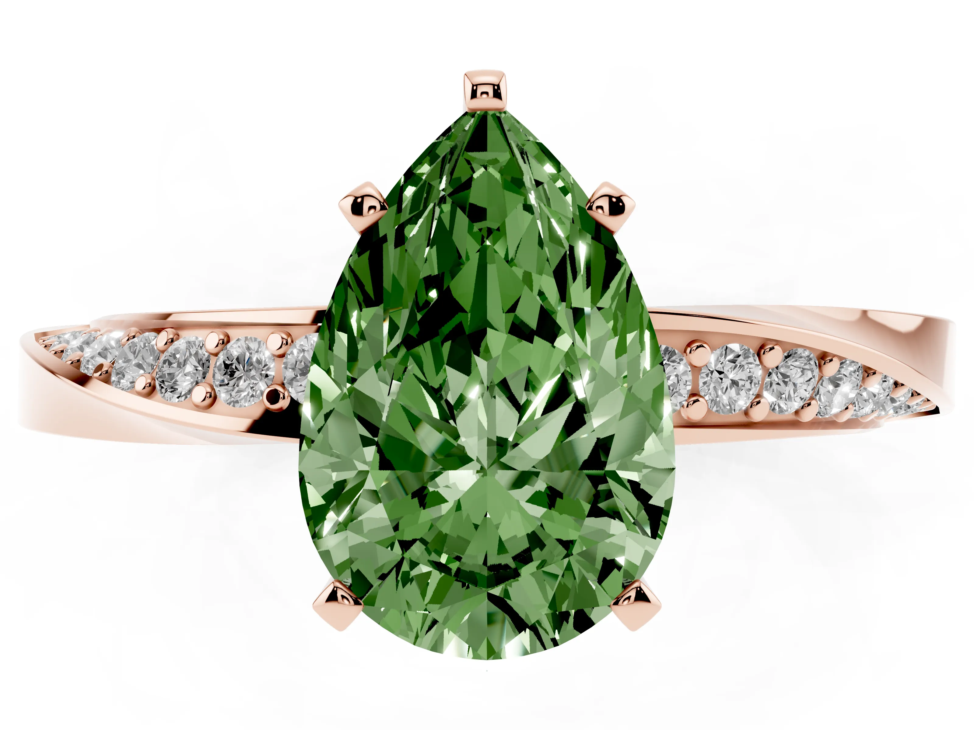 Fancy Green Pear Cut Diamond Engagement Ring Set in Rose gold with Side Stone Accents and Prong Setting
