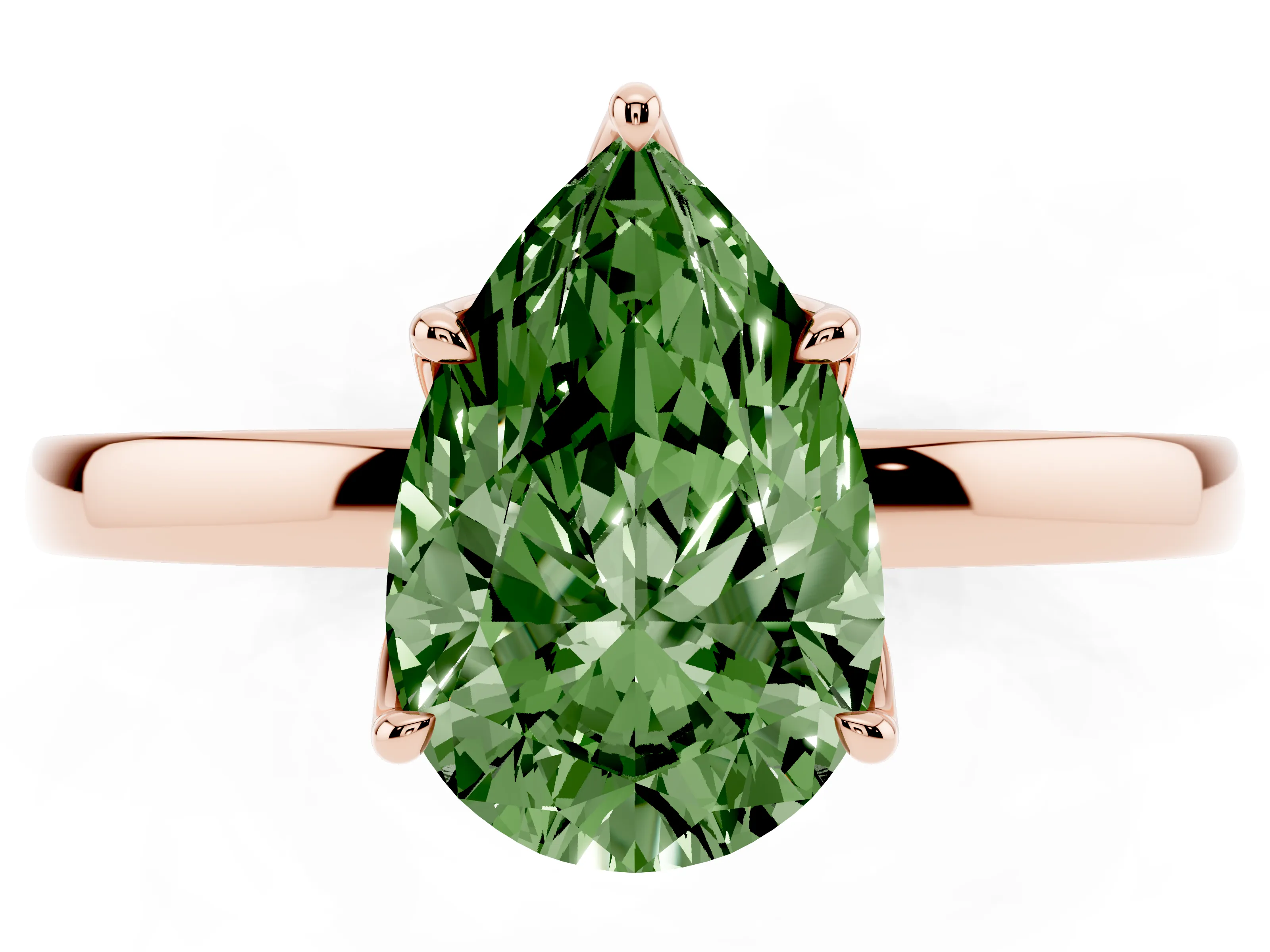 Fancy Green Pear Cut Diamond Solitaire Ring Set in Rose gold with Prong Setting and Thin Polished Band