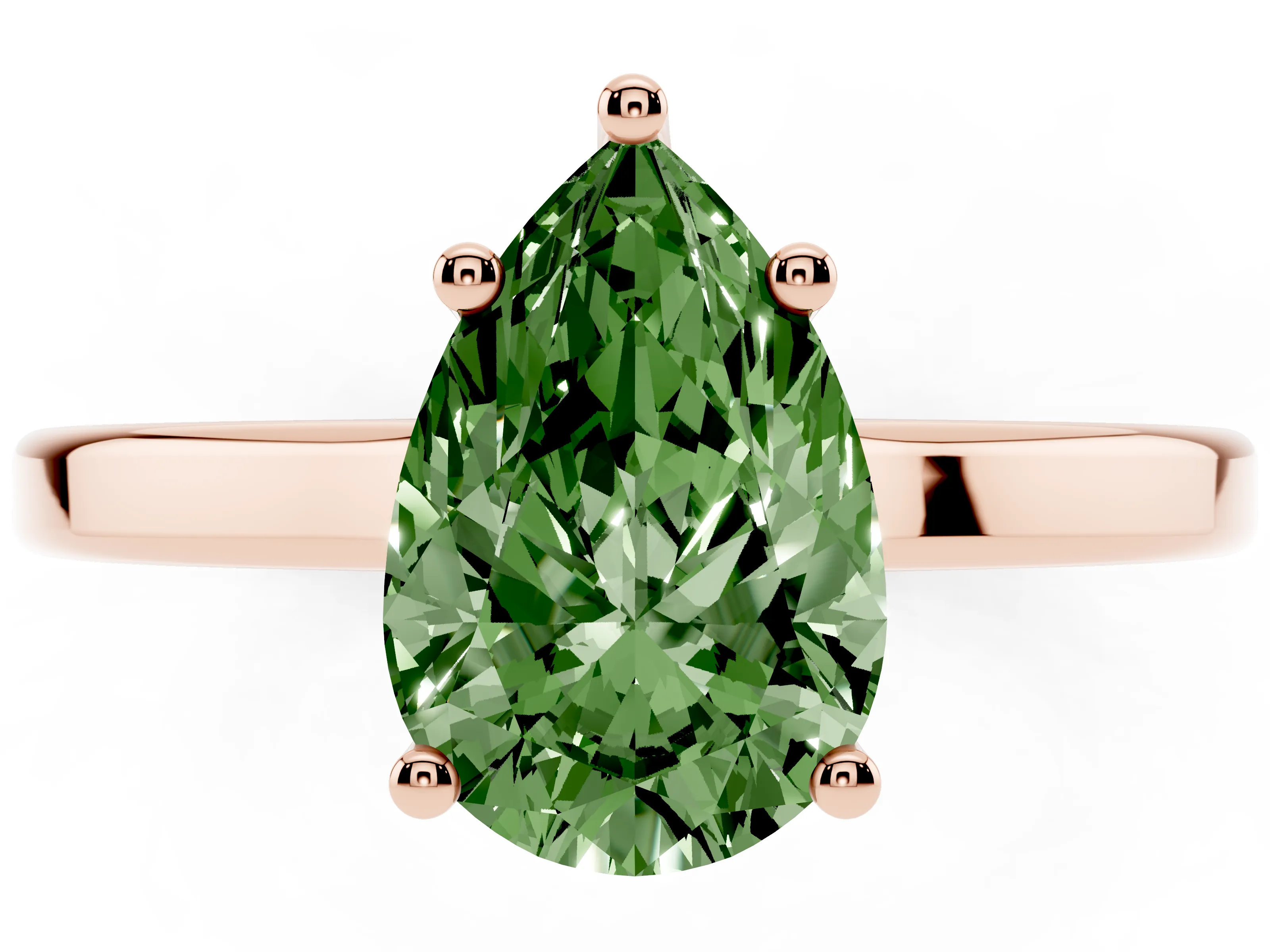 Fancy Green Pear Cut Diamond Solitaire Engagement Ring Set in Rose gold with Prong Setting on a Plain Band
