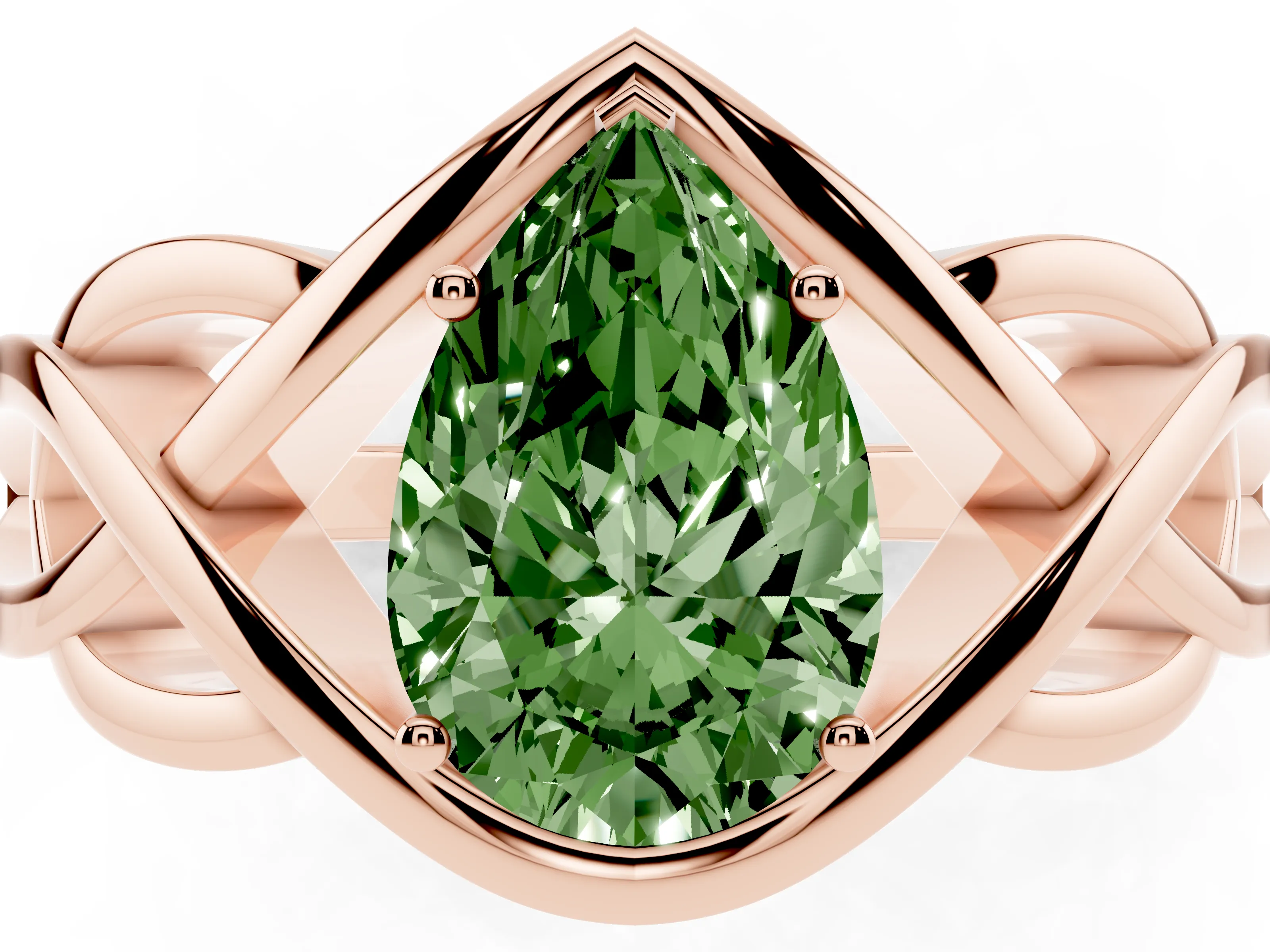 Fancy Green Pear Cut Diamond Solitaire Ring Set in Rose gold with Intertwined Band