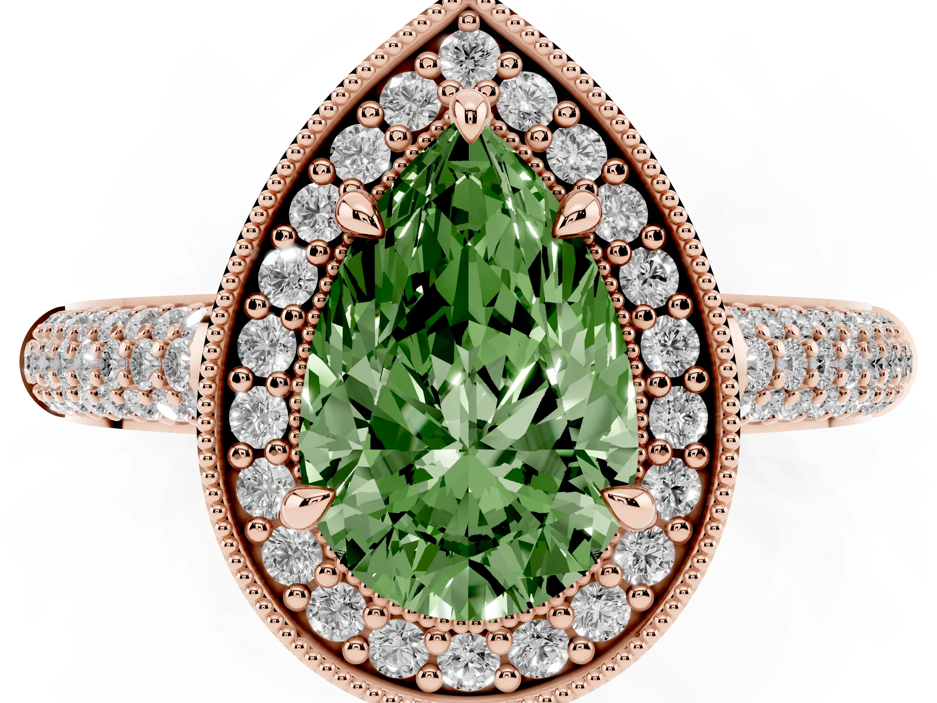 Fancy Green Pear Cut Diamond Halo Pavé Band Set in Rose gold with Prong Setting