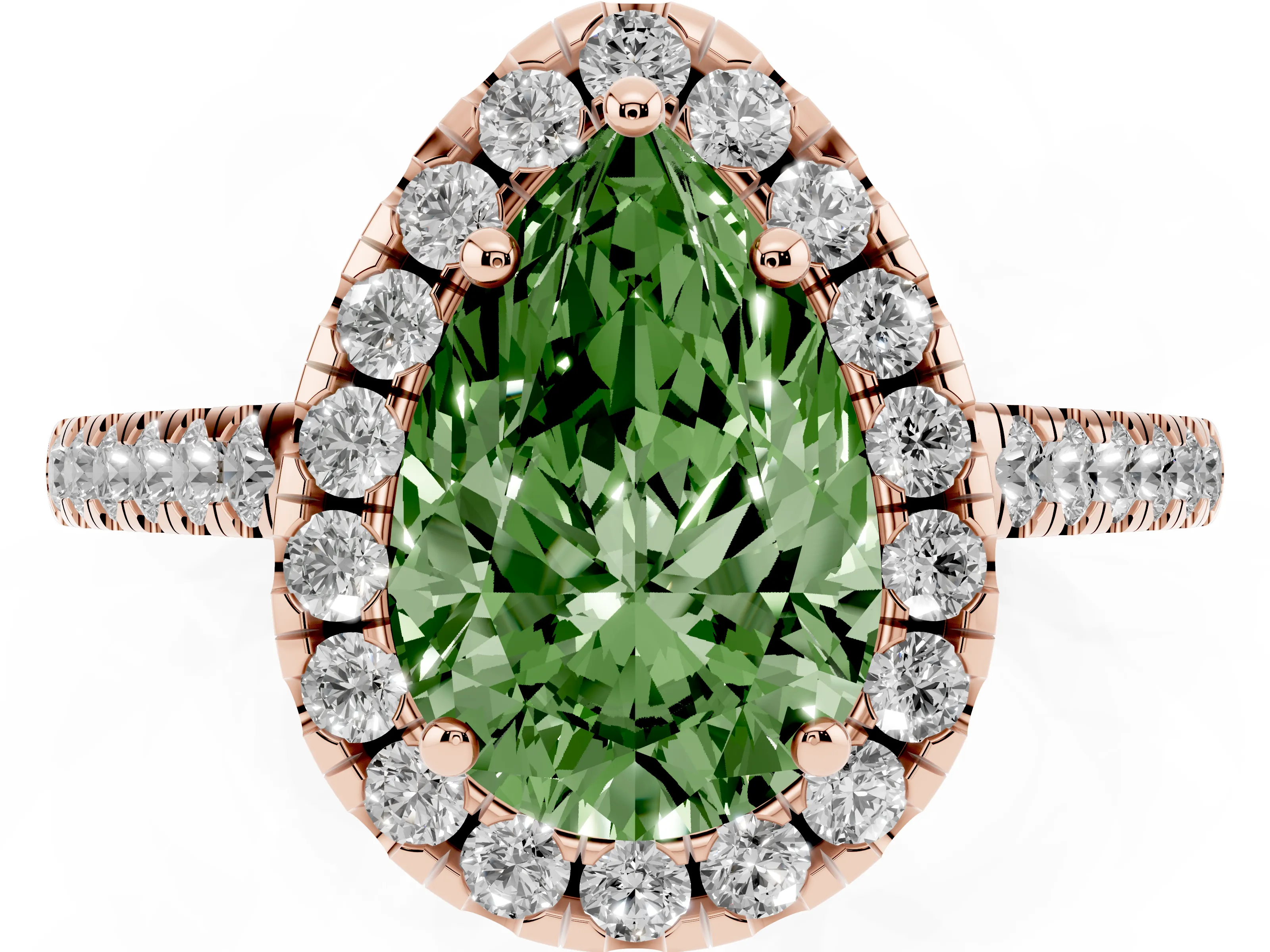 Fancy Green Pear Cut Diamond Pavé Halo Engagement Ring Set in Rose gold with Pavé Band and Prong Setting