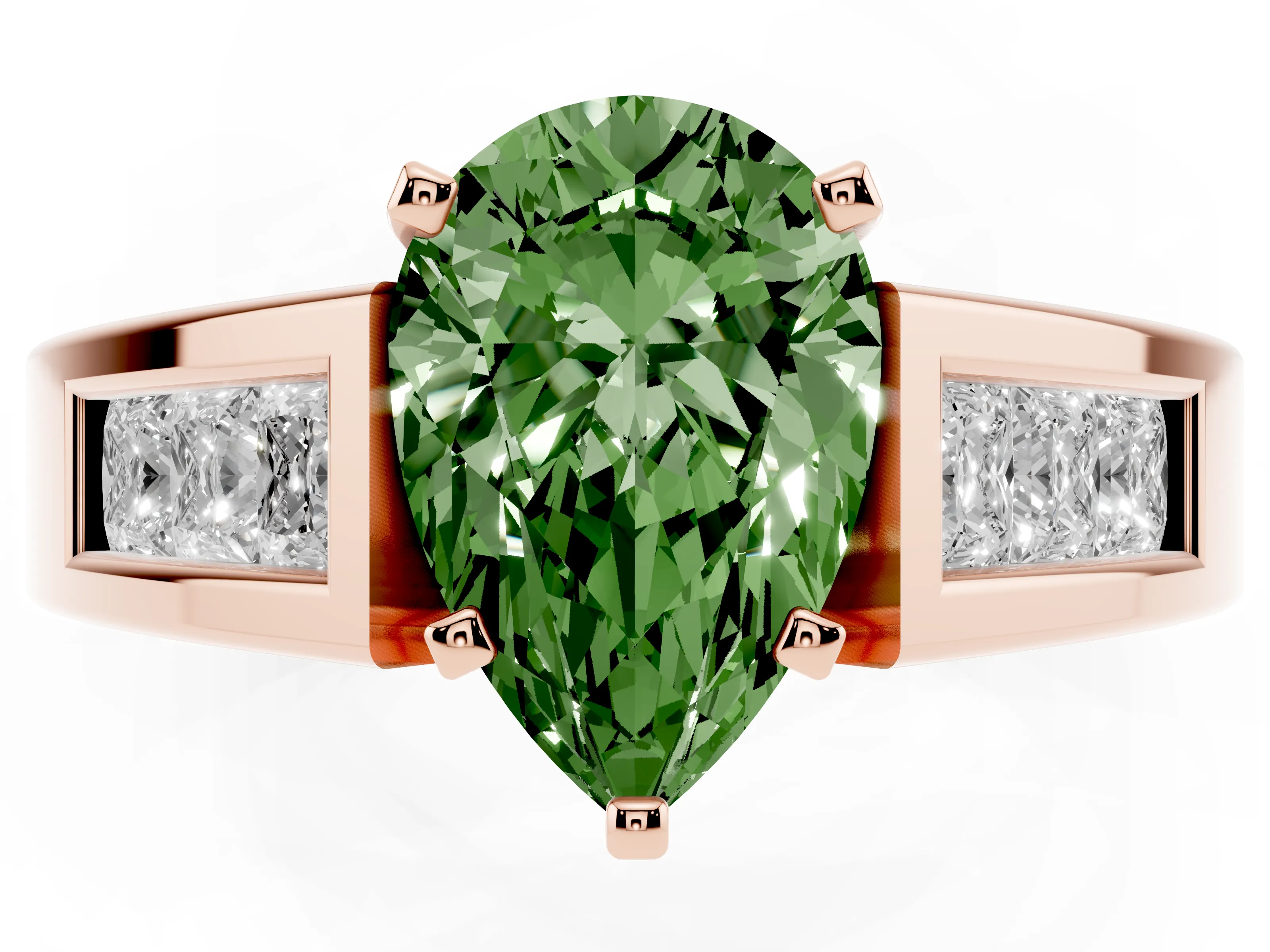 Fancy Green Pear Cut Diamond Solitaire Ring Set in Rose gold with Channel-Set Accent Stones and Prong Setting