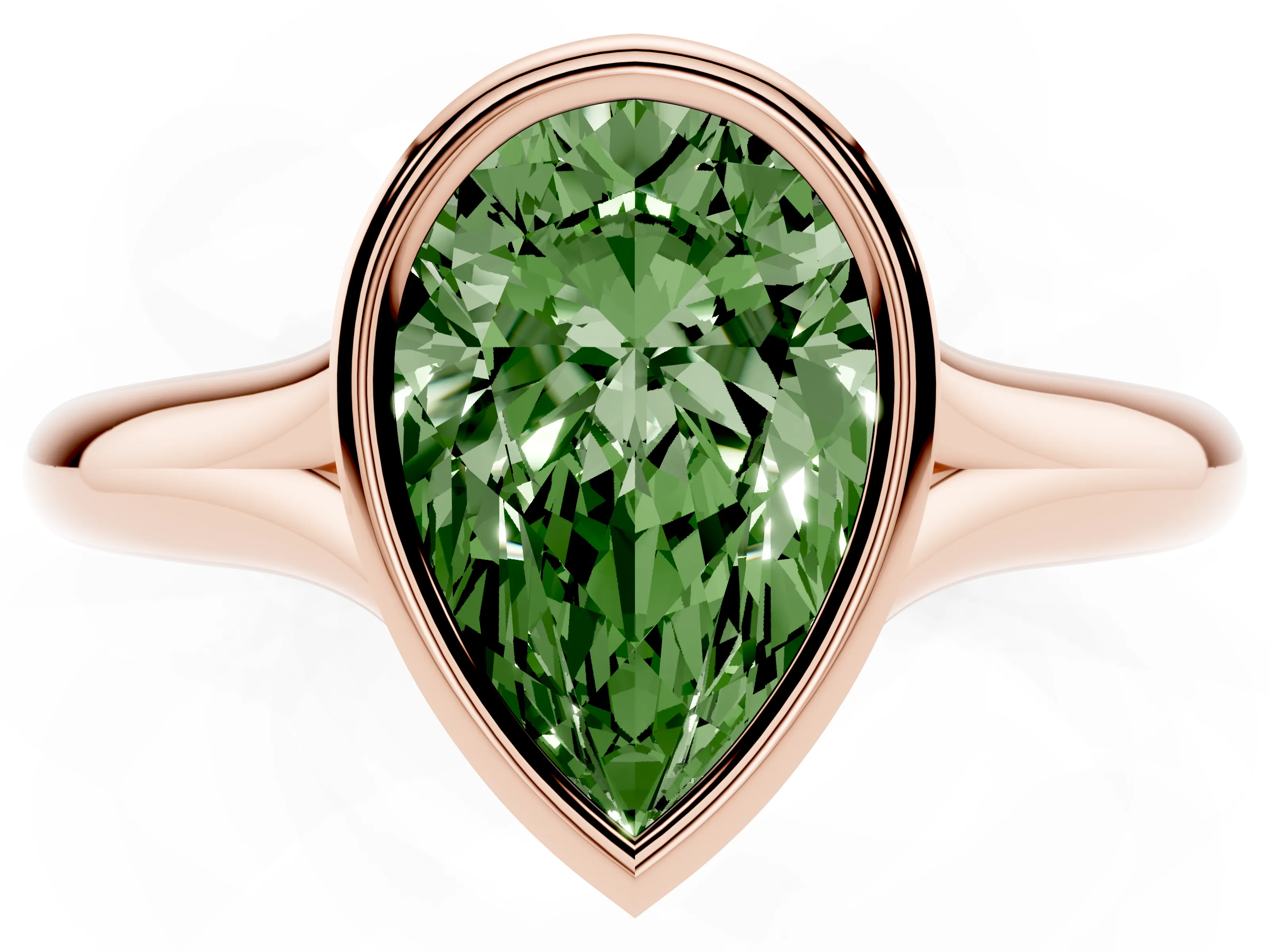 Fancy Green Bezel Set Pear Cut Diamond Solitaire Ring Set in Rose gold with Smooth Band