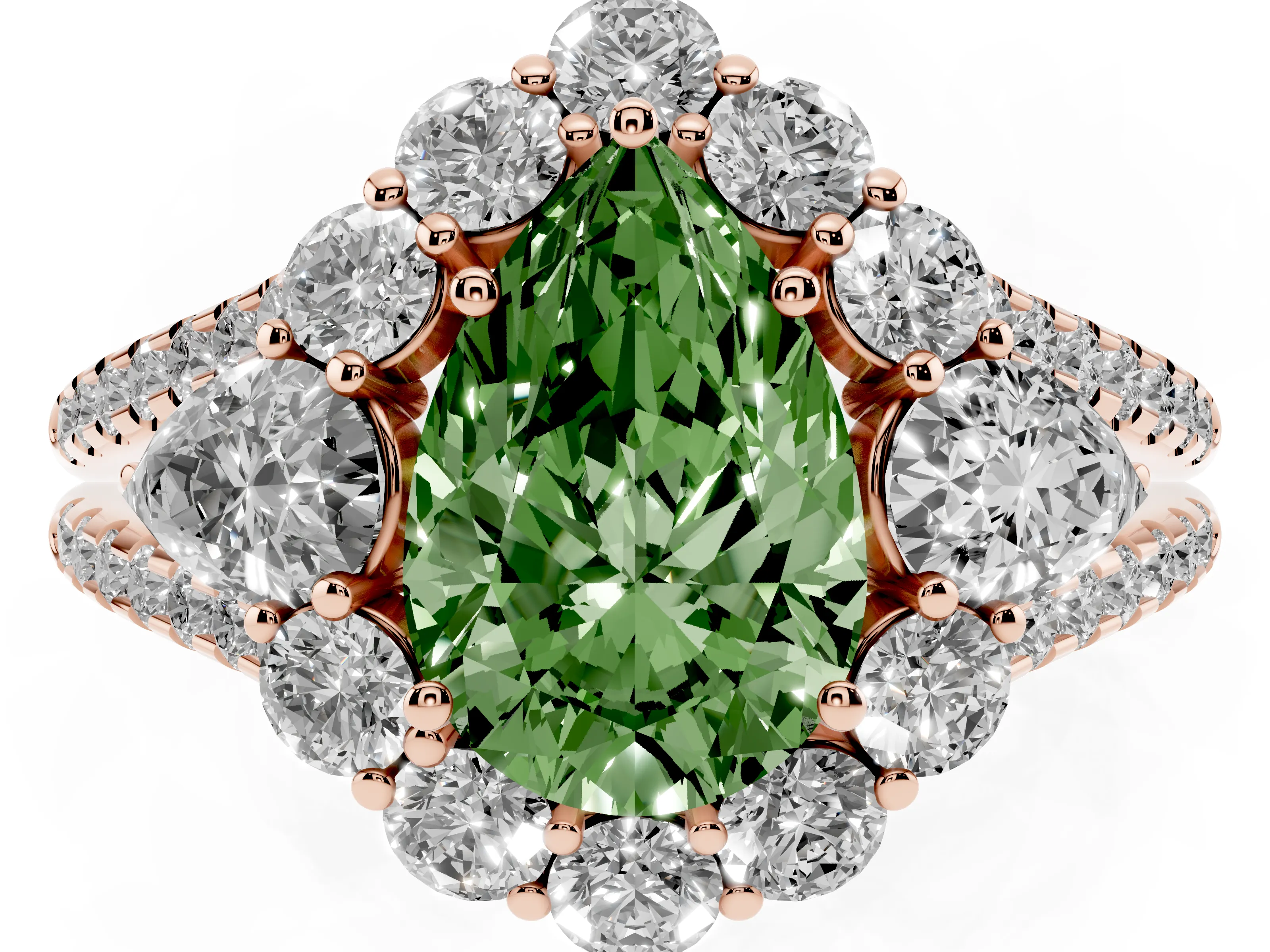 Fancy Green Pear Cut Diamond Halo Split Shank Engagement Ring Set in Rose gold with Prong-Held Center Stone