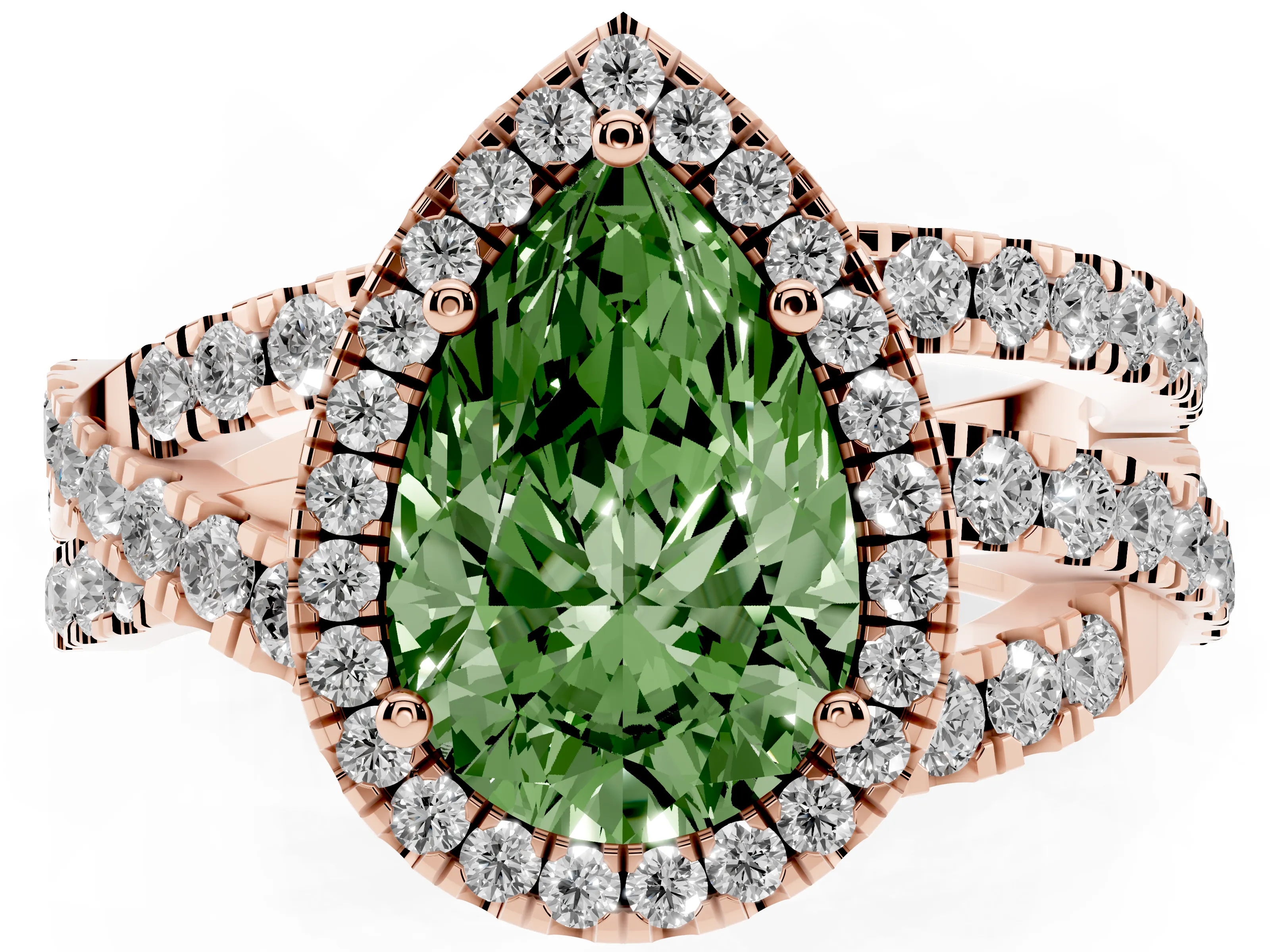 Fancy Green Pear Cut Diamond Halo Ring Set in Rose gold with Round Crossover Split Shank and Prong Setting