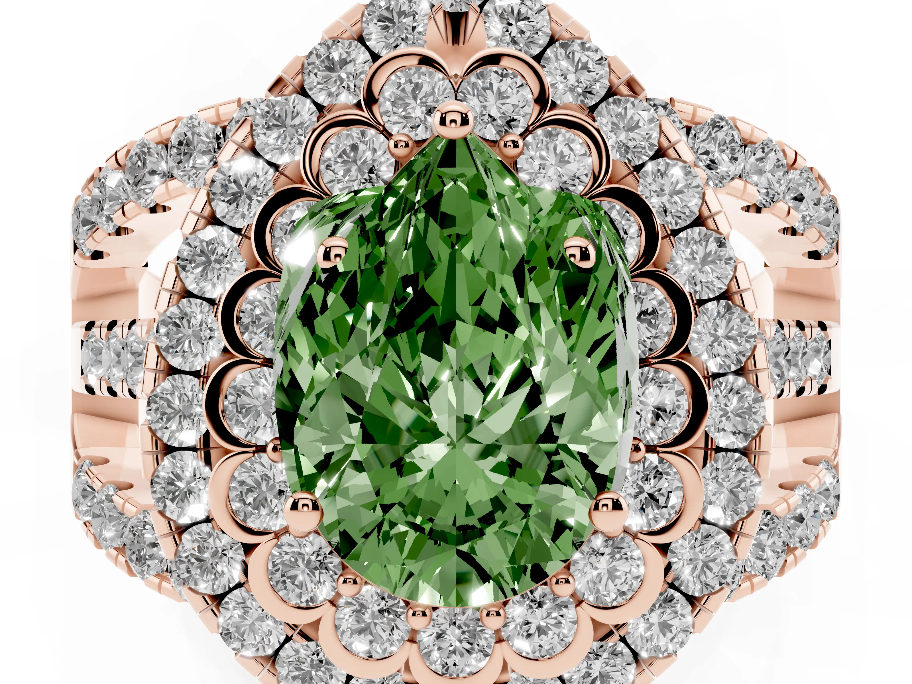 Fancy Green Pear Cut Diamond Double Halo Ring Set in Rose gold with Round Pavé Split Shank