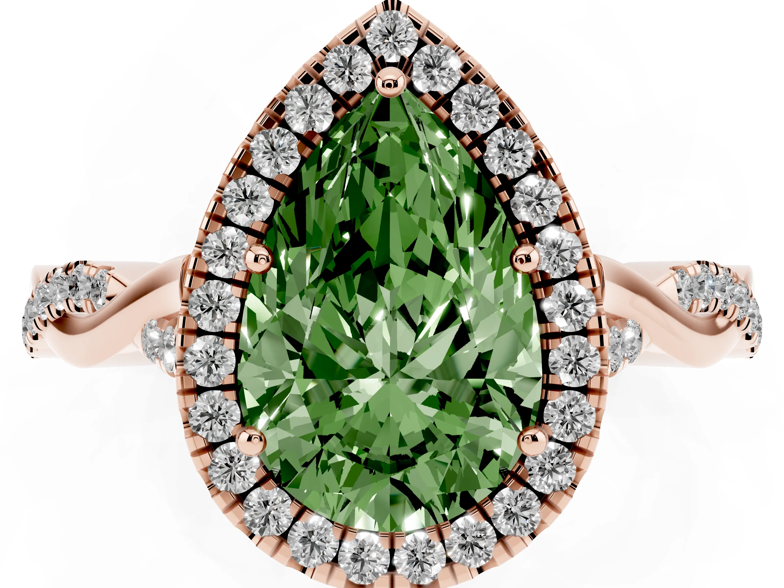 Fancy Green Pear Cut Diamond Halo Twist Band Solitaire Ring Set in Rose gold with Prong Setting