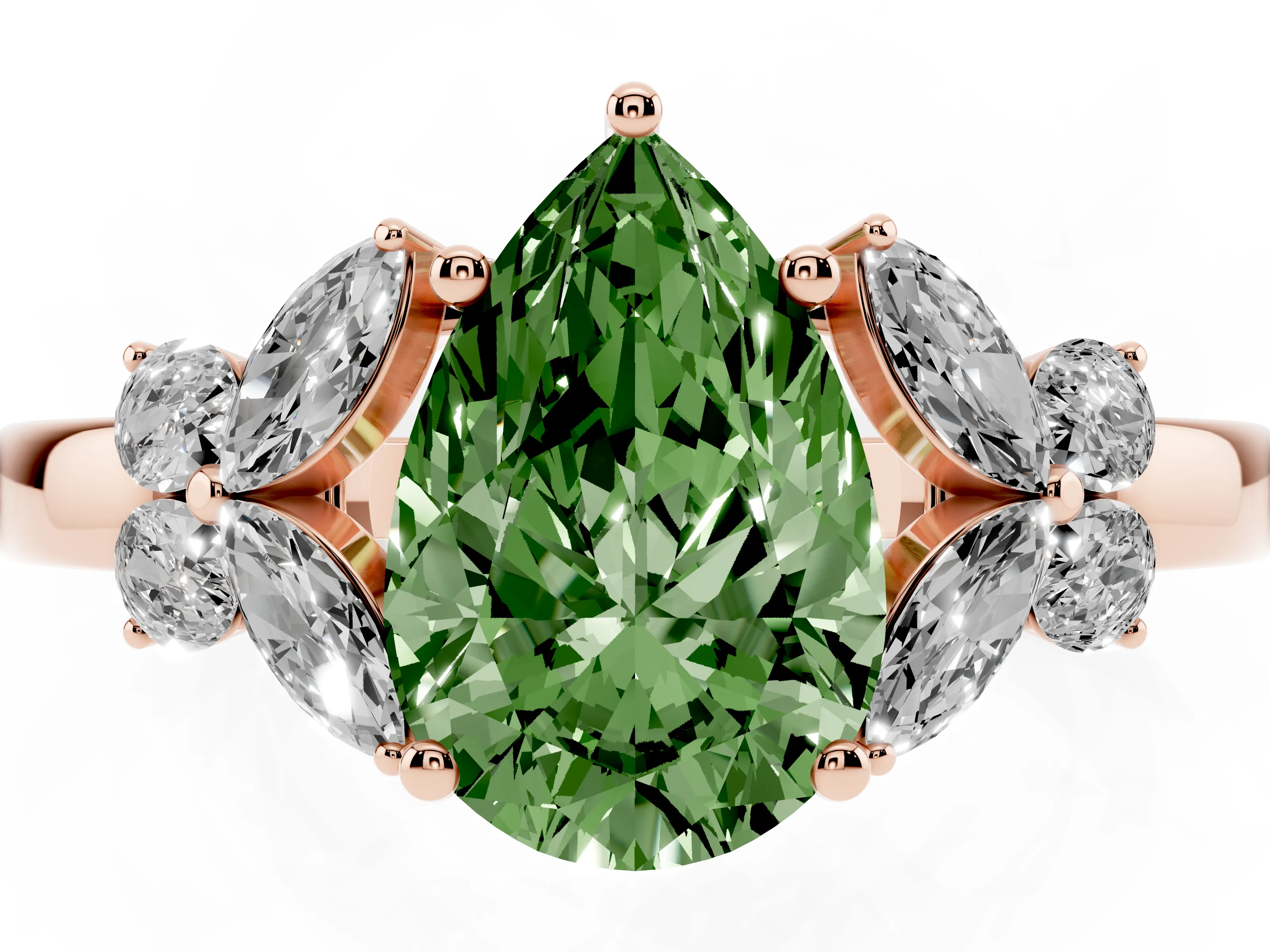 Fancy Green Pear Cut Diamond Solitaire Floral Ring Set in Rose gold with Marquise Petals and Prong Setting