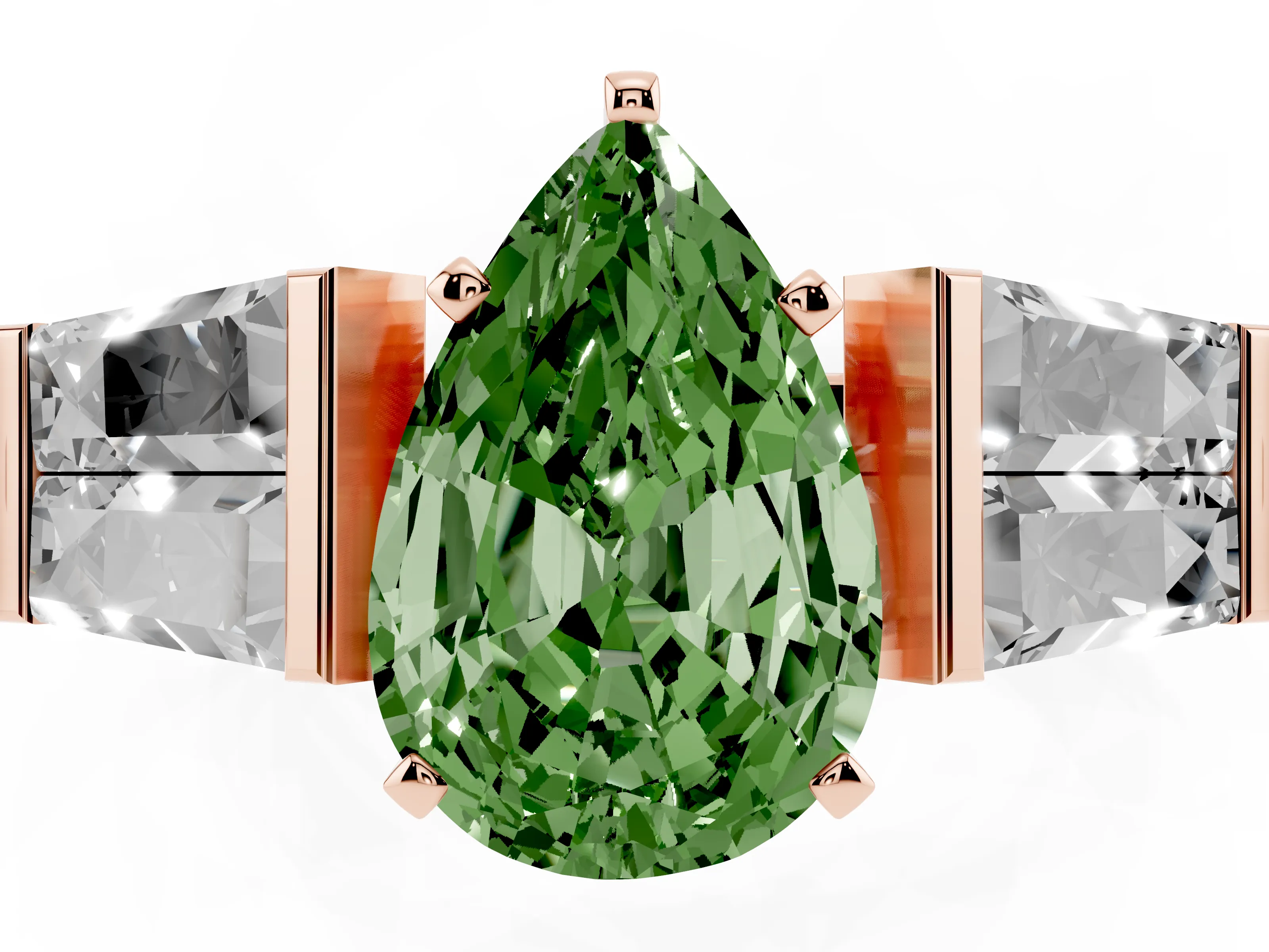 Fancy Green Pear Cut Diamond Engagement Ring Set in Rose gold with Baguette Side Stones and Channel Set Band