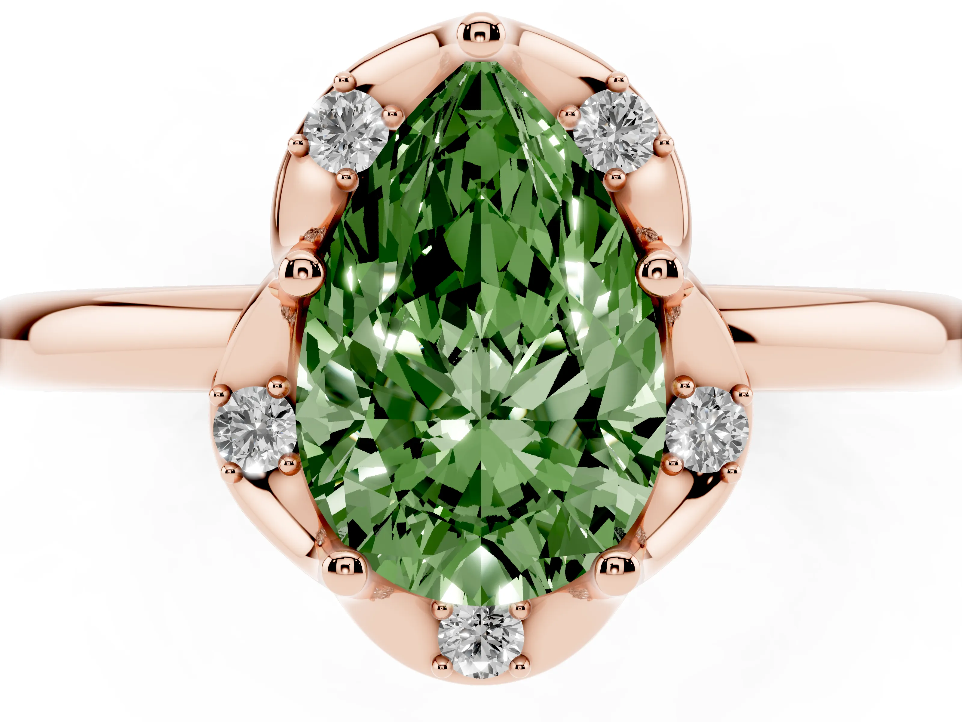 Fancy Green Pear Cut Diamond Round Cluster Halo Ring Set in Rose gold with Solitaire Band and Prong Setting