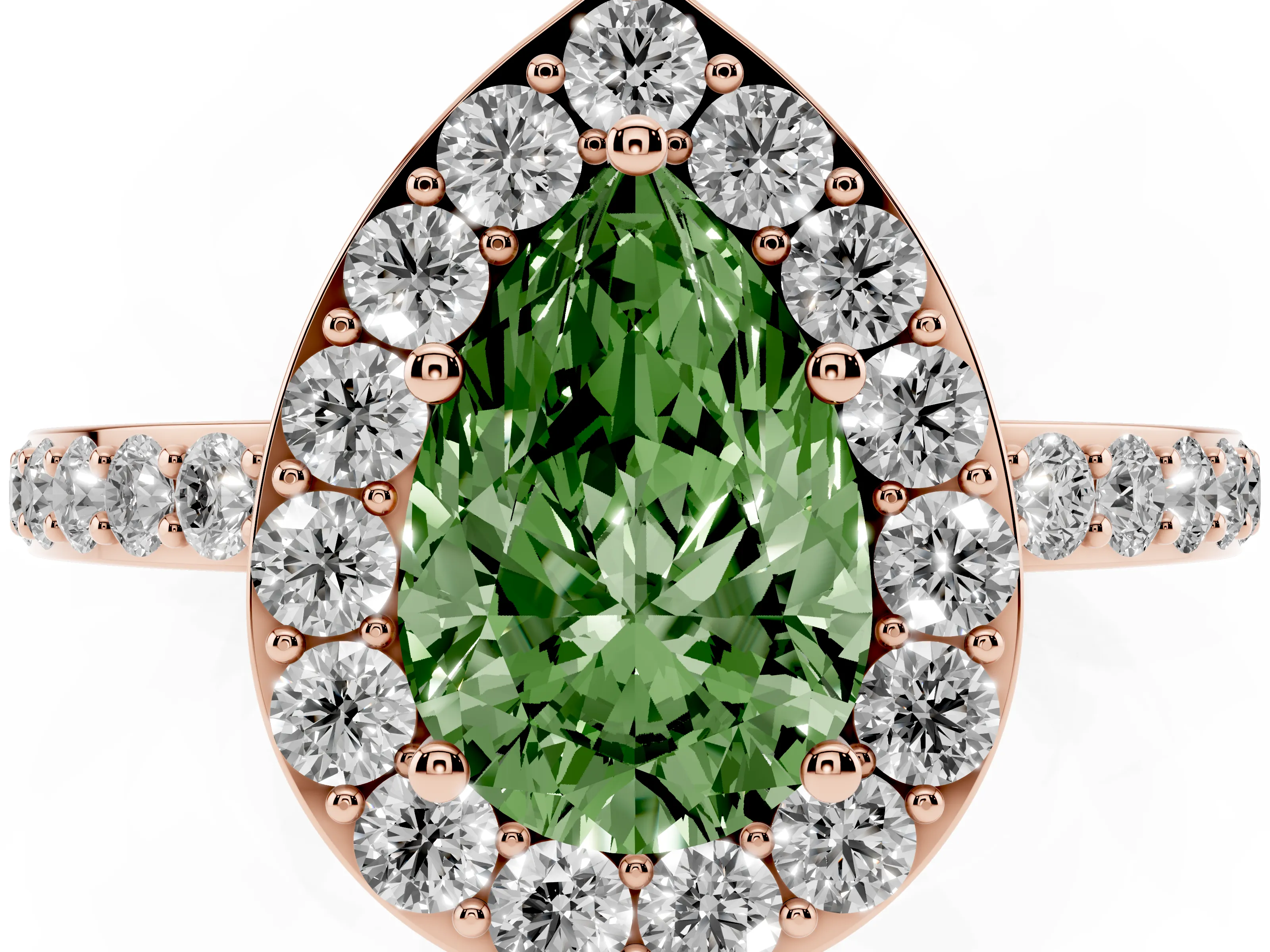 Fancy Green Pear Cut Diamond Halo Ring Set in Rose gold with Pavé-Setting Band and Open Prong Center