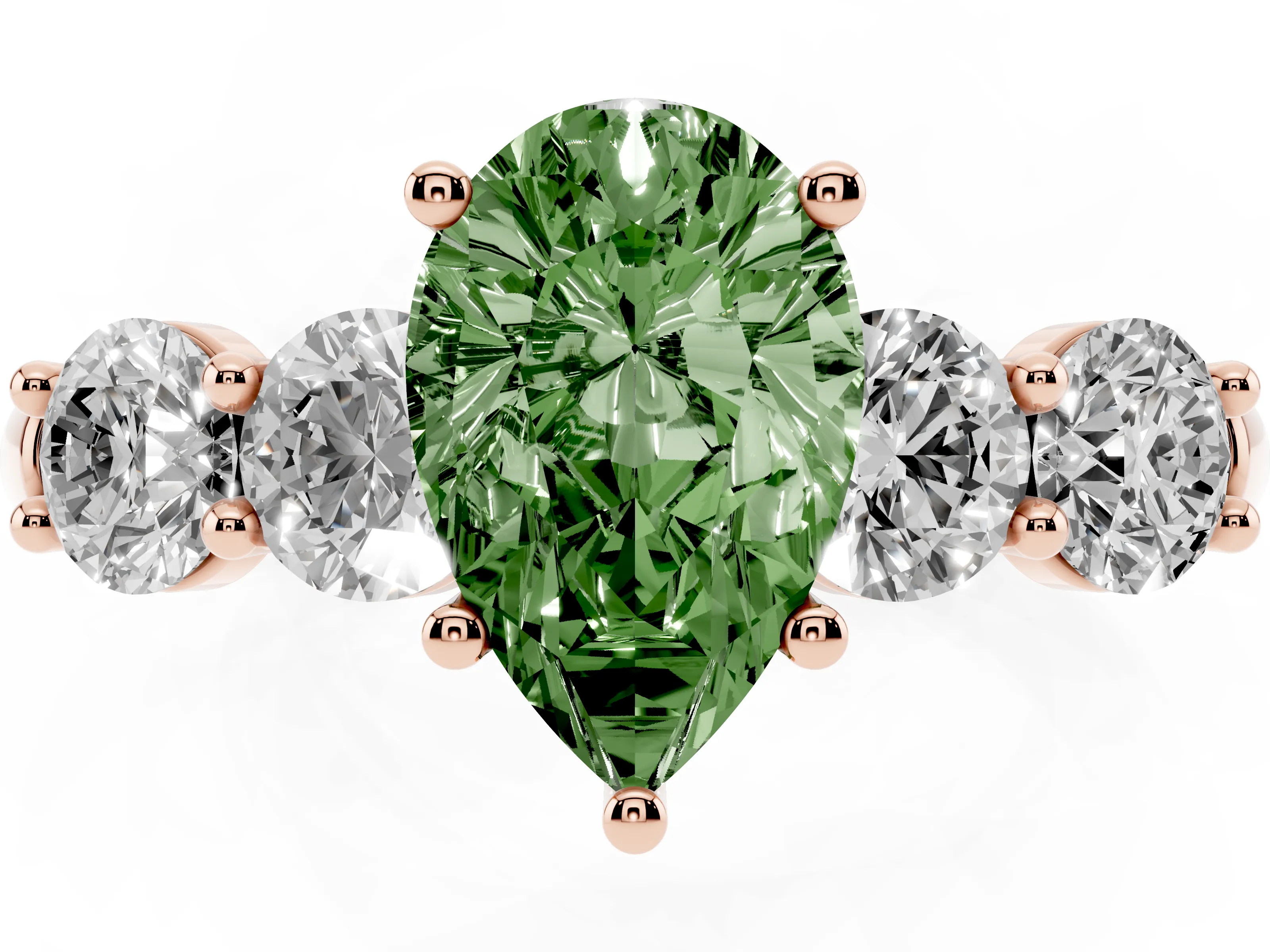 Fancy Green Pear Cut Diamond Five-Stone Prong Set Ring Set in Rose gold with Classic Band