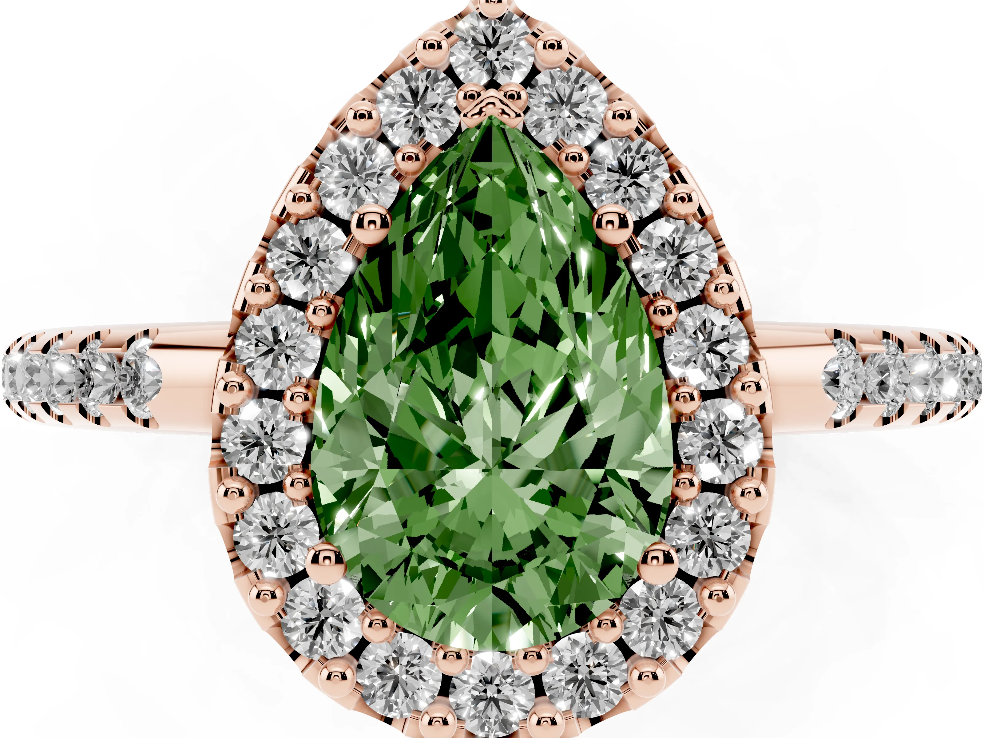 Fancy Green Pear Cut Diamond Pavé Halo Ring Set in Rose gold with Prong Setting