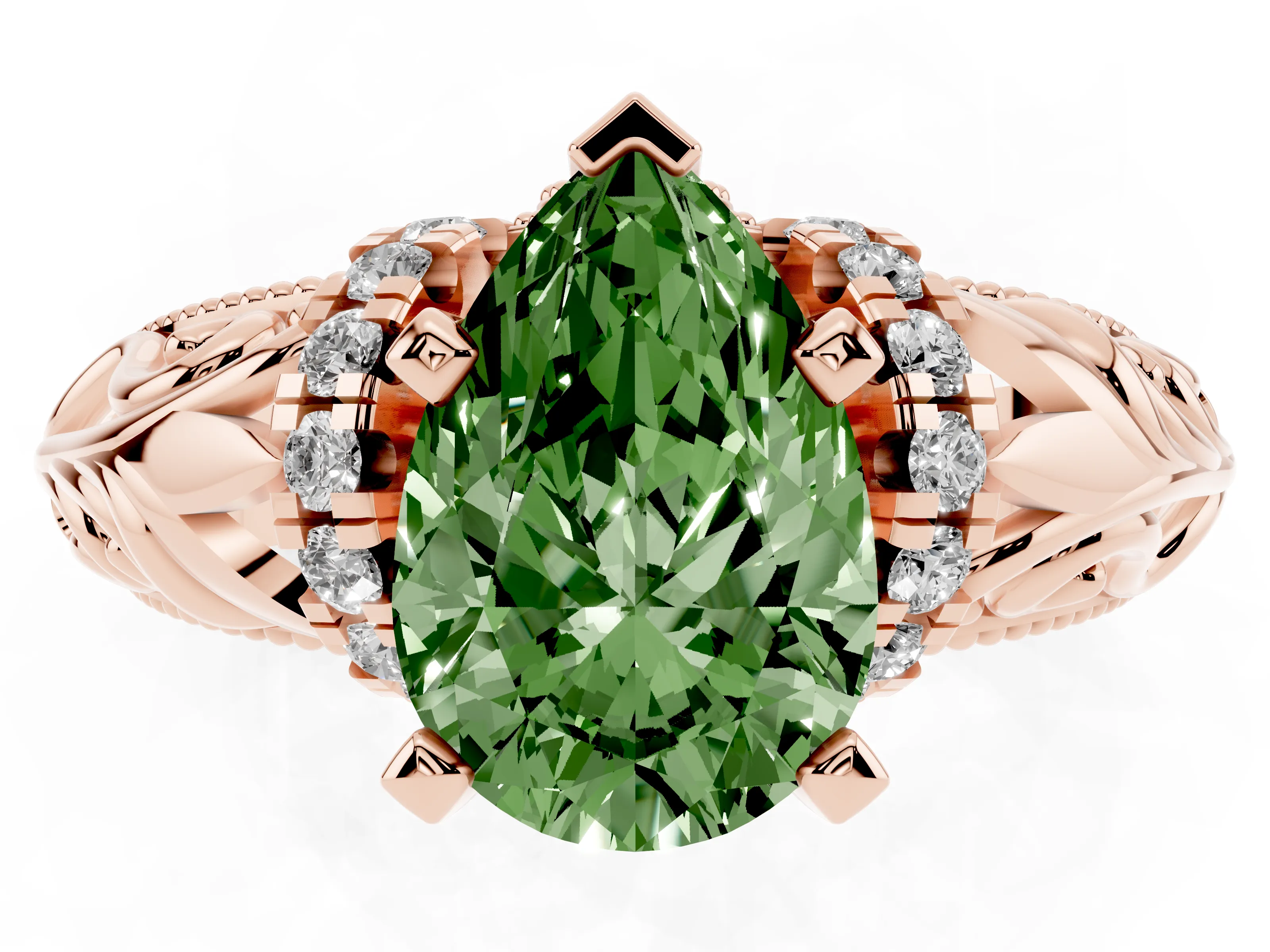 Fancy Green Pear Cut Diamond Filigree Halo Engagement Ring Set in Rose gold with Prong Setting