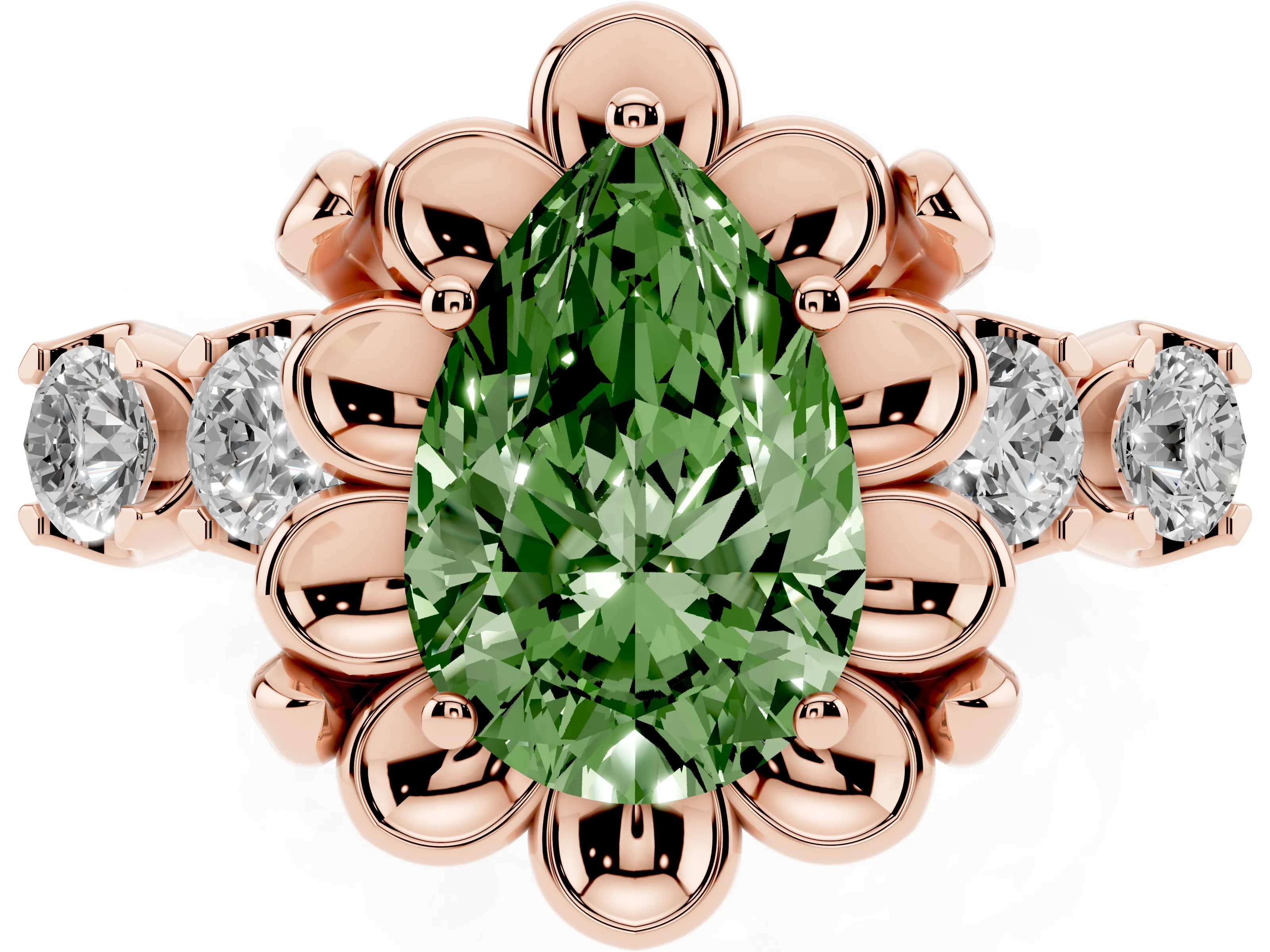 Fancy Green Pear Cut Diamond Floral Halo Ring Set in Rose gold with Shared Prong Band