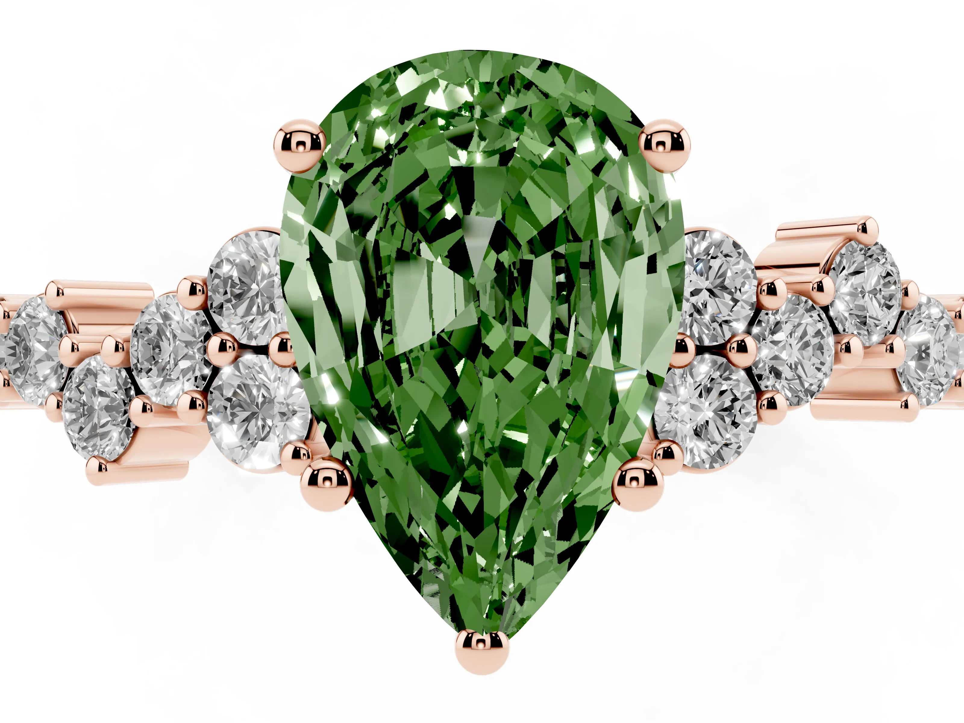 Fancy Green Pear Cut Diamond Ring Set in Rose gold with Scattered Round Accents
