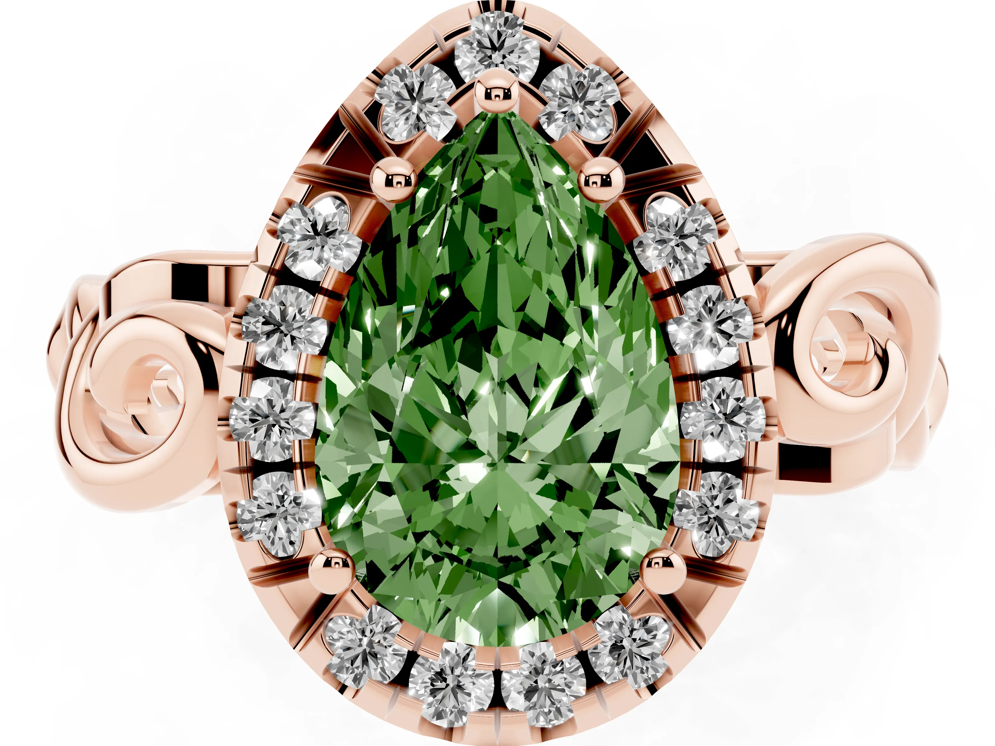 Fancy Green Pear Cut Diamond Halo Ring Set in Rose gold with Scrollwork Band and Prong Setting