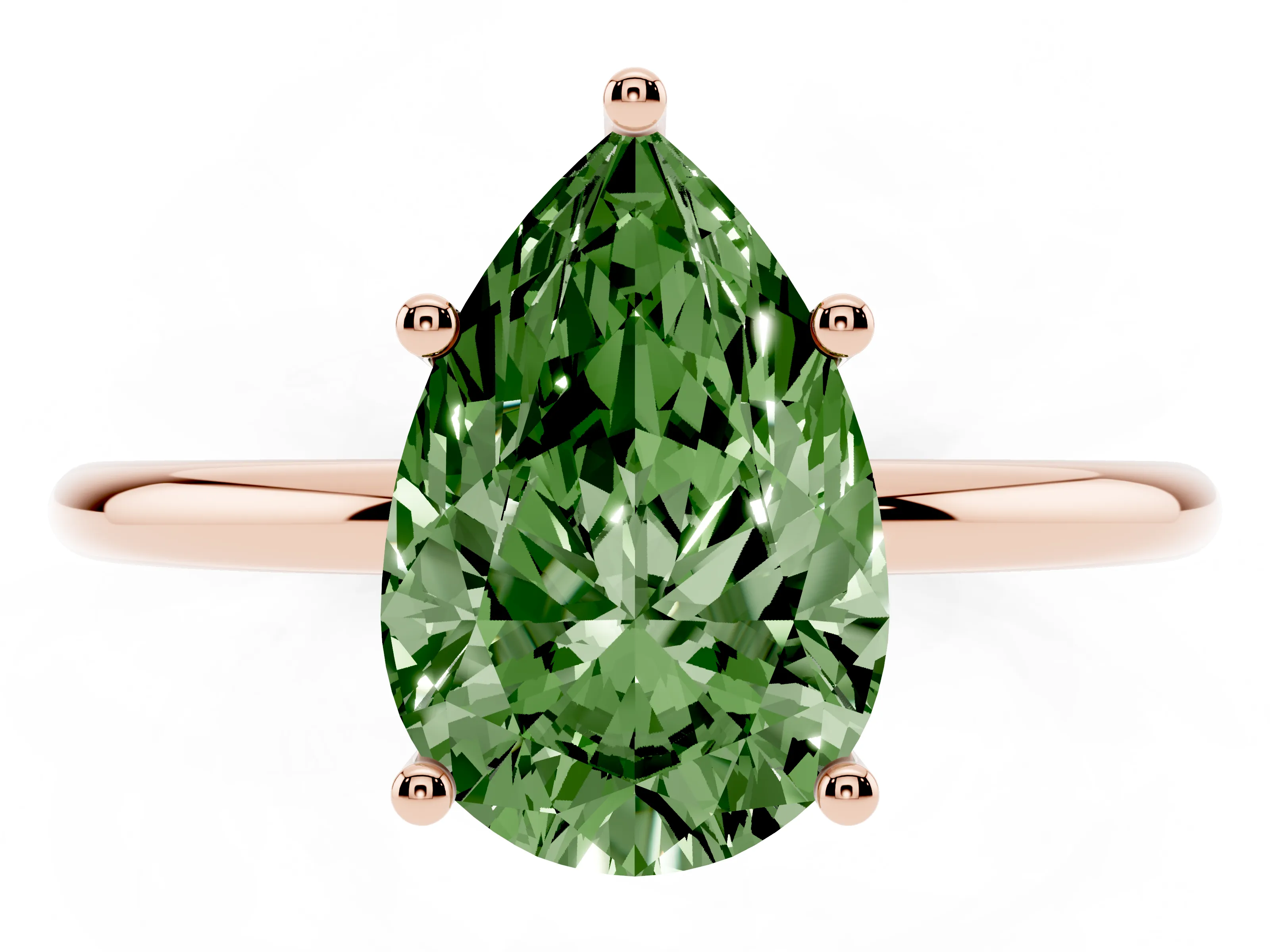 Fancy Green Pear Cut Diamond Solitaire Engagement Ring Set in Rose gold with Thin Band and Prong Setting