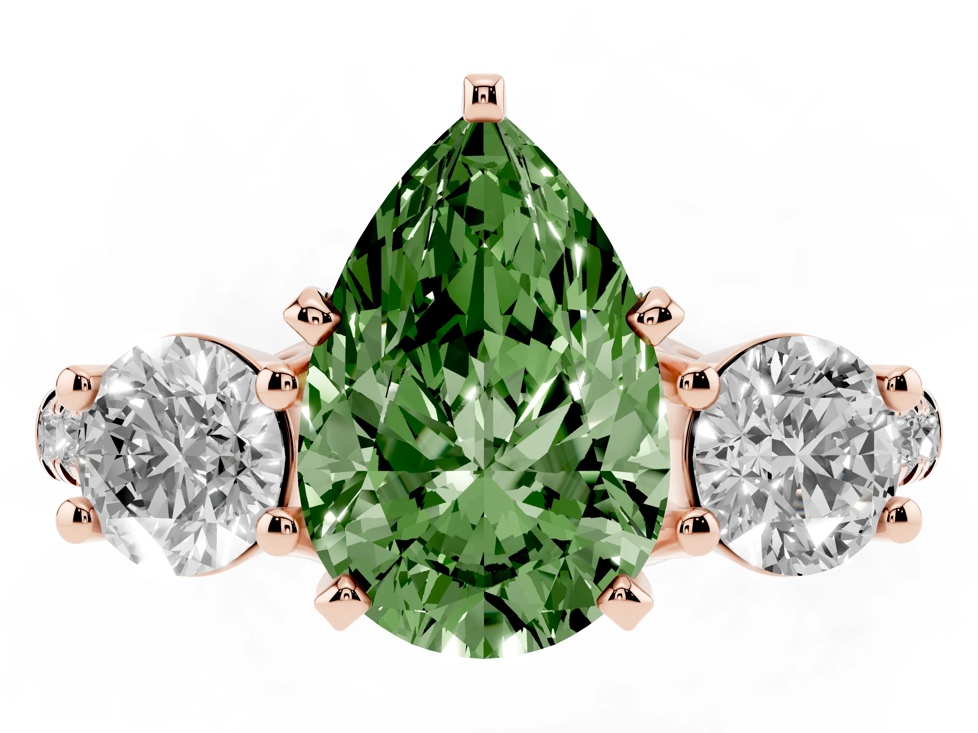 Fancy Green Three-Stone Pear Cut Diamond Pavé Band Ring Set in Rose gold with Prong-Set Trio