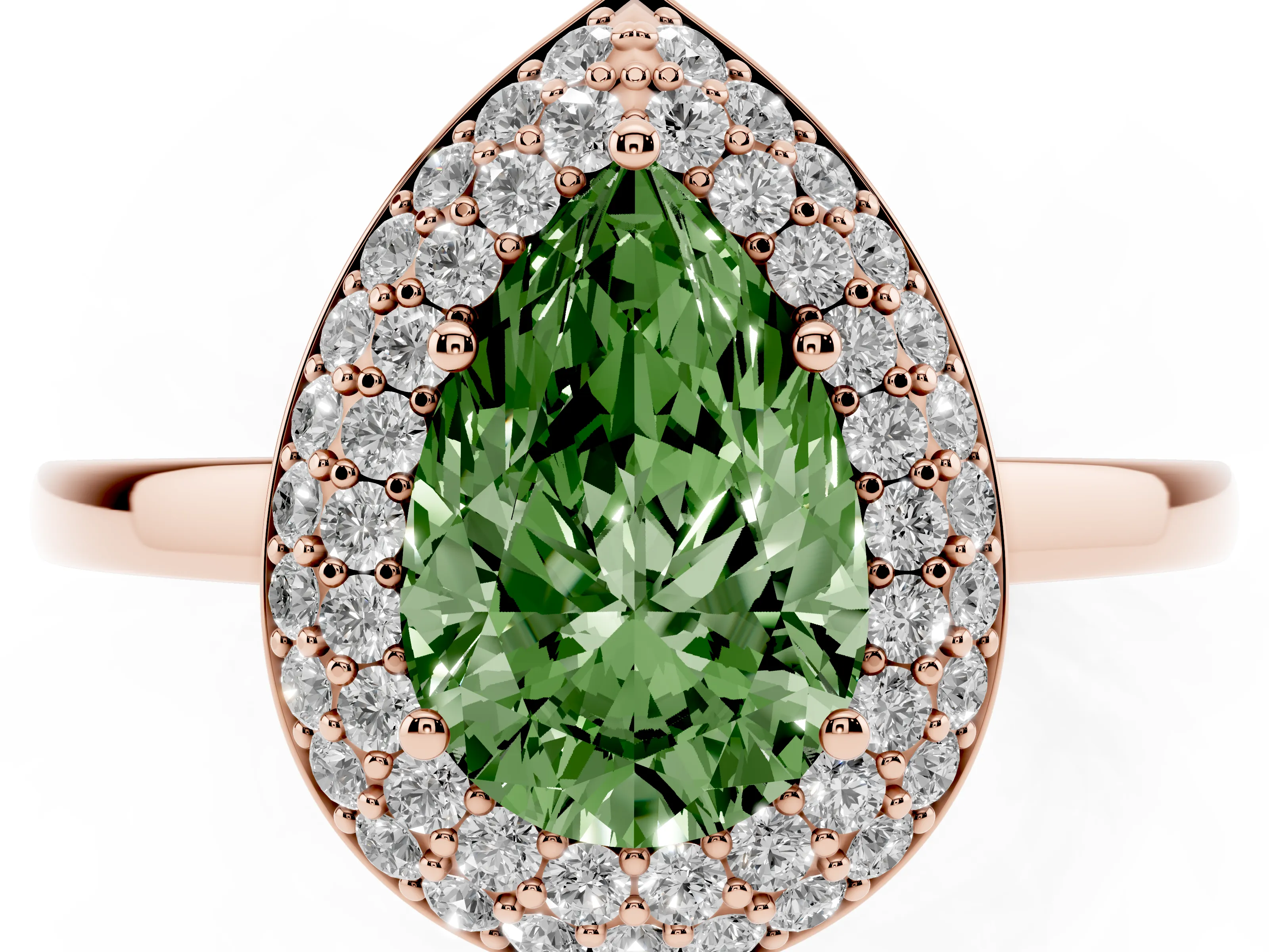 Fancy Green Pear Cut Diamond Halo Engagement Ring Set in Rose gold with Solitaire Band and Prong Setting