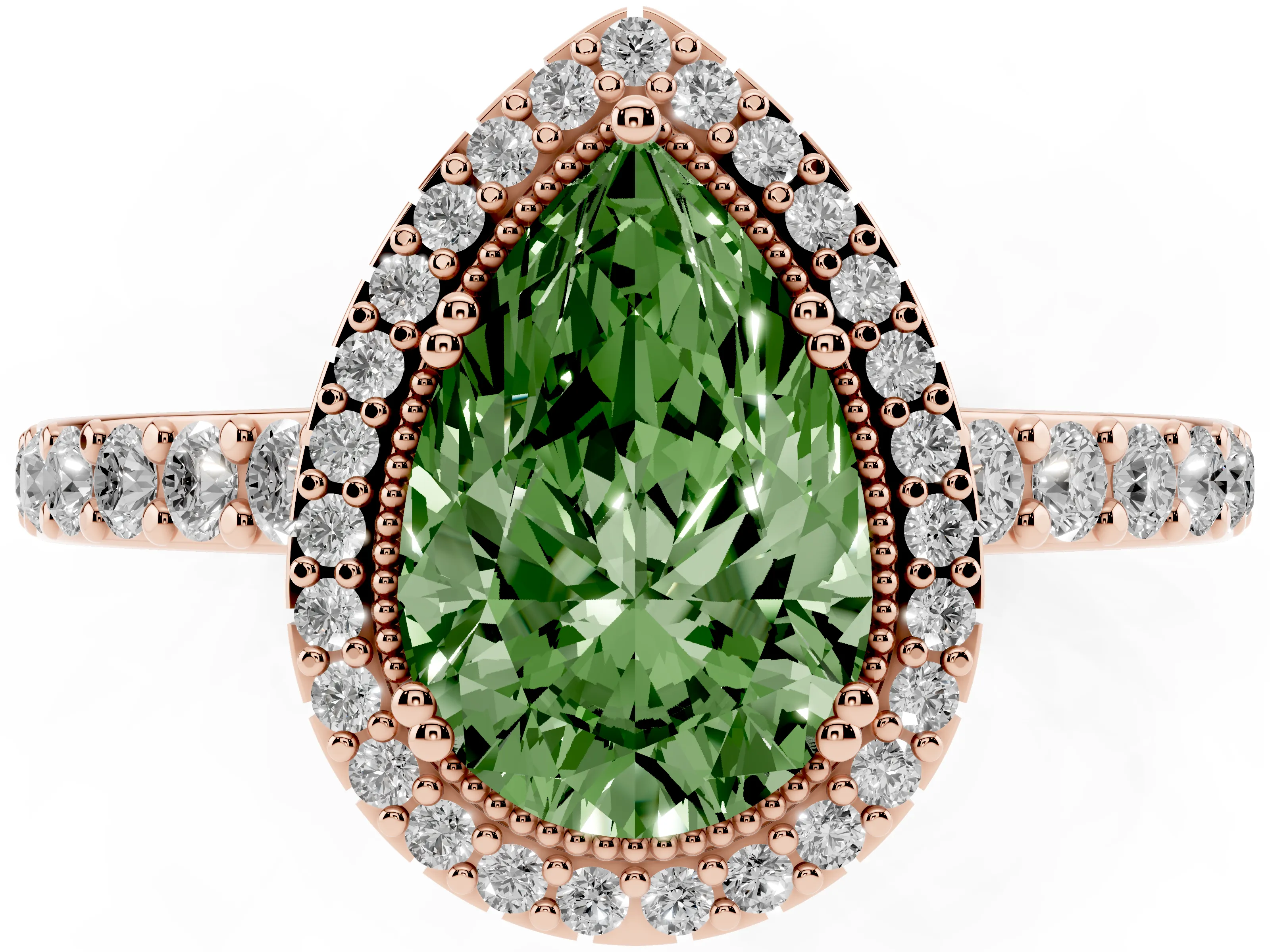 Fancy Green Pear Cut Diamond Halo Engagement Ring Set in Rose gold with Milgrain Detail and Pavé Band