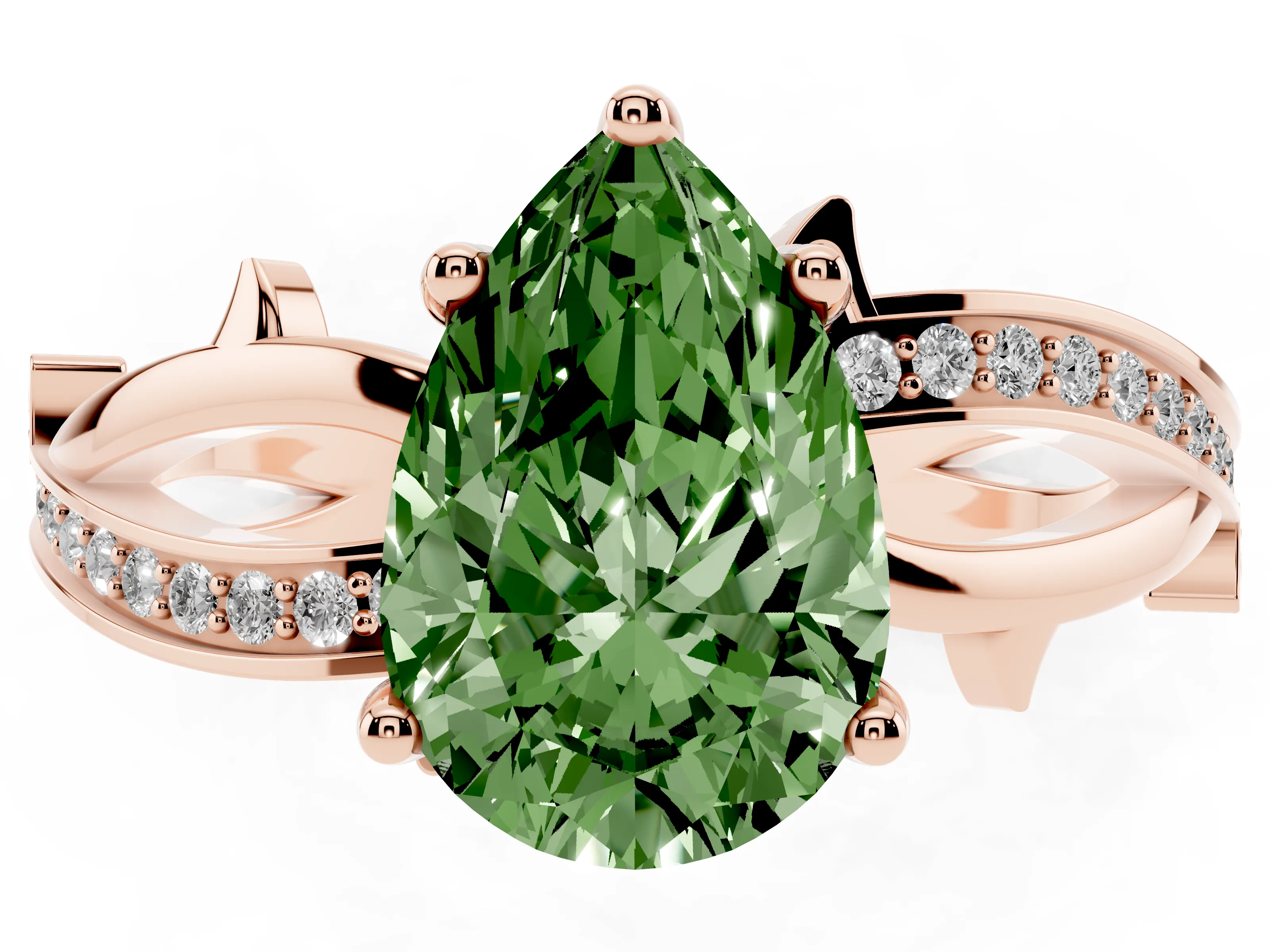 Fancy Green Pear Cut Diamond Pavé Twist Band Solitaire Ring Set in Rose gold with Prong Setting