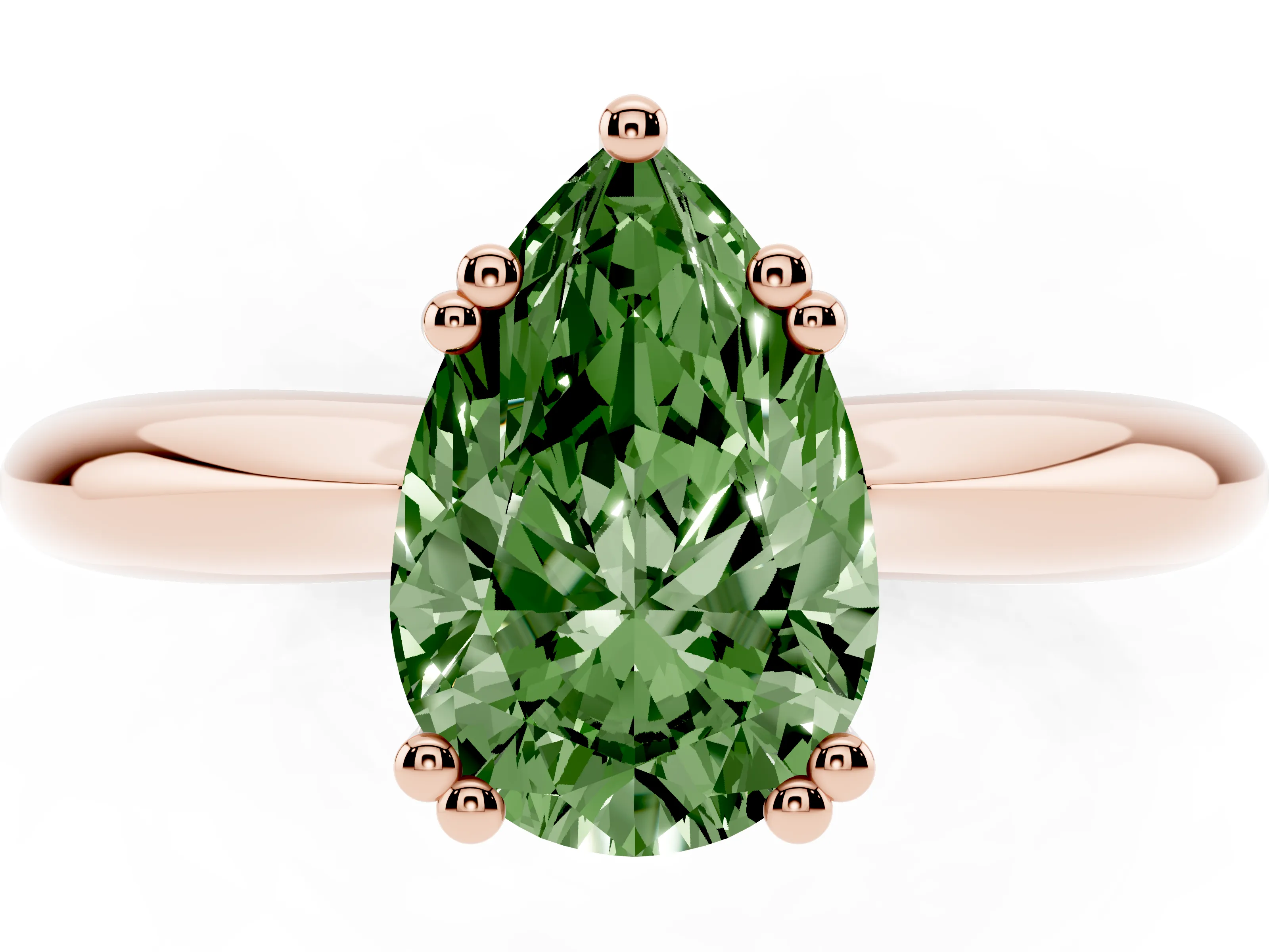 Fancy Green Pear Cut Diamond Solitaire Engagement Ring Set in Rose gold with Tapered Band and Prong Setting
