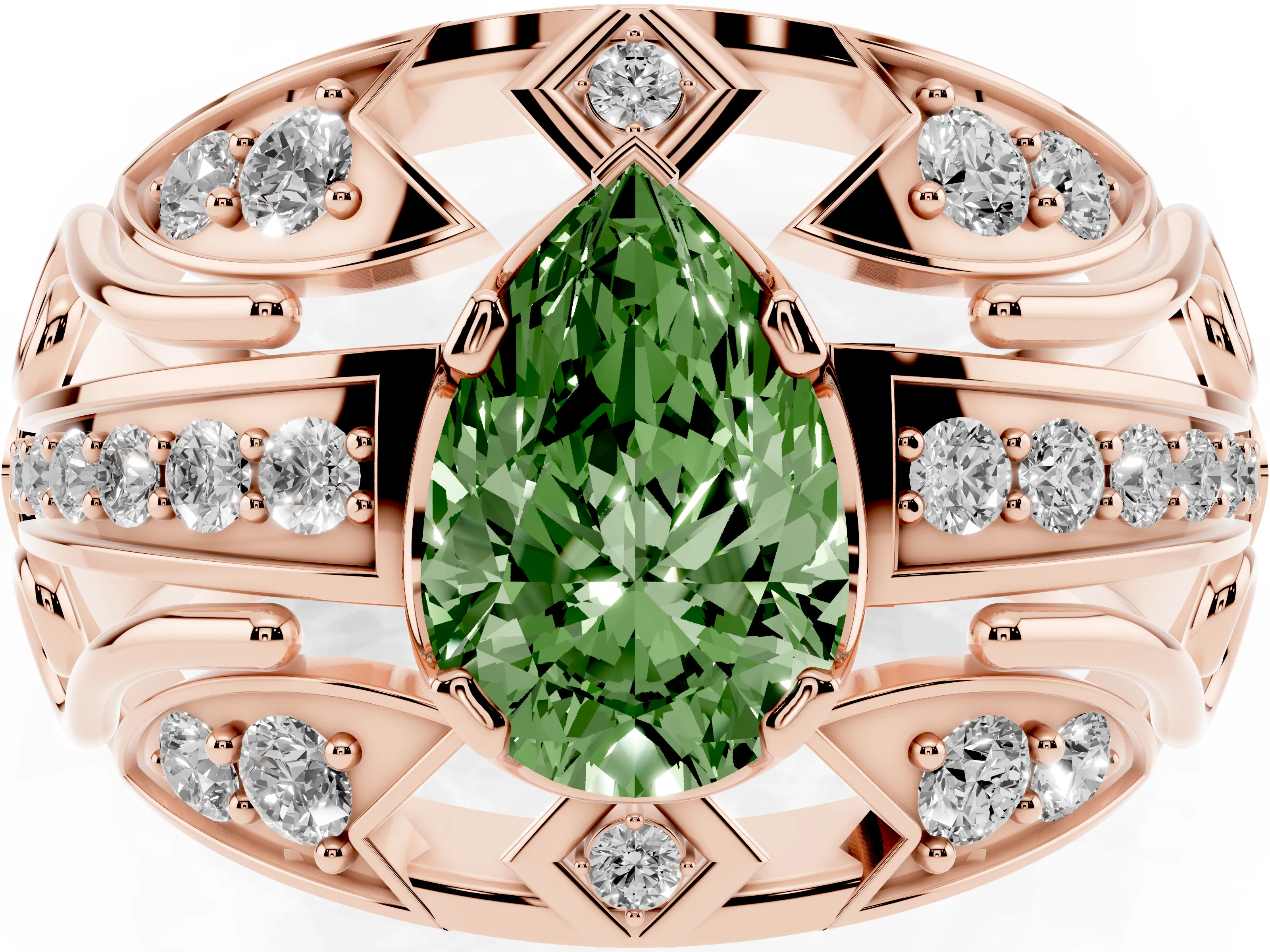 Fancy Green Pear Cut Diamond Art Deco Ring Set in Rose gold with Pavé Split Shank