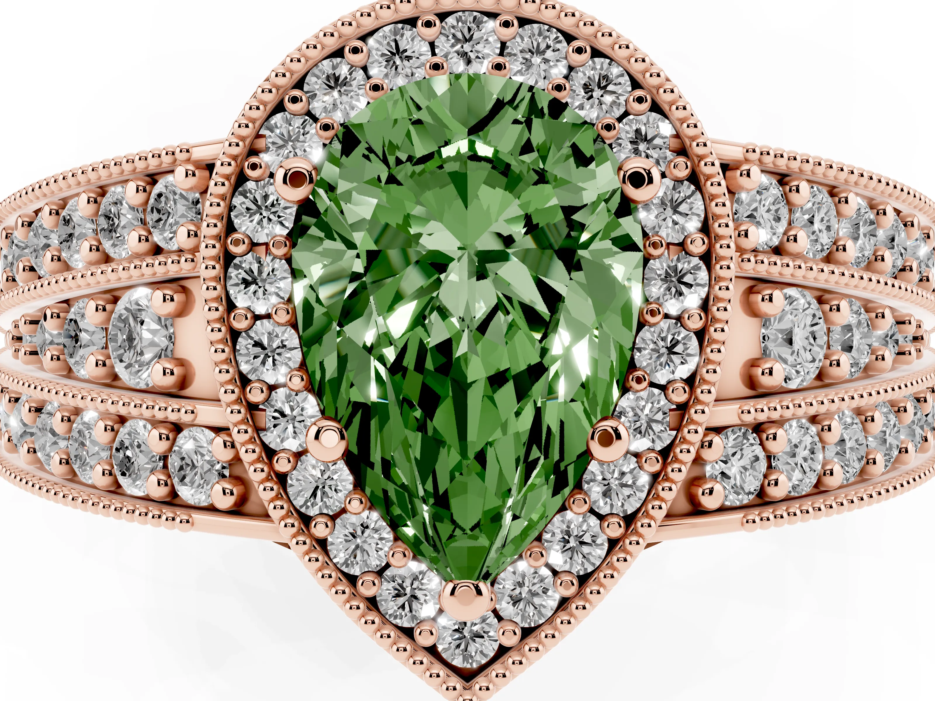 Fancy Green Pear Cut Diamond Halo Ring Set in Rose gold with Accent Split Shank and Prong Setting
