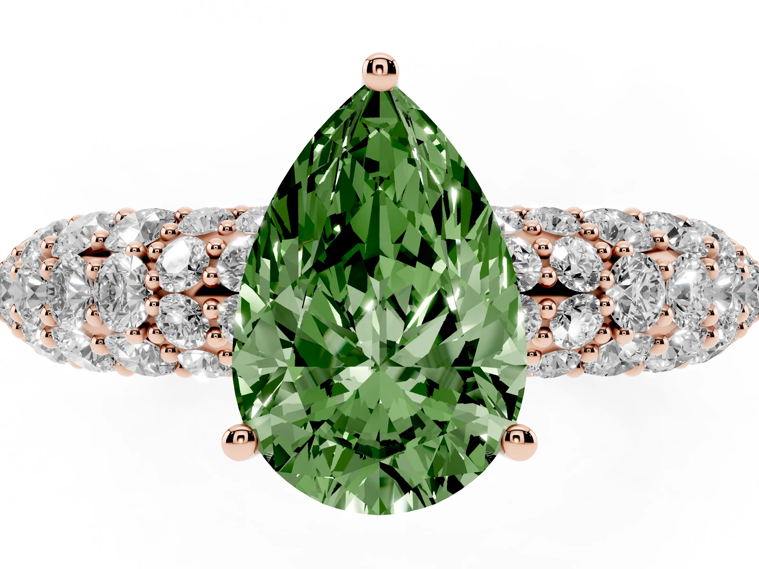 Fancy Green Pear Cut Diamond Pavé Band Solitaire Ring Set in Rose gold with Close-Set Accent Stones and Prong Setting