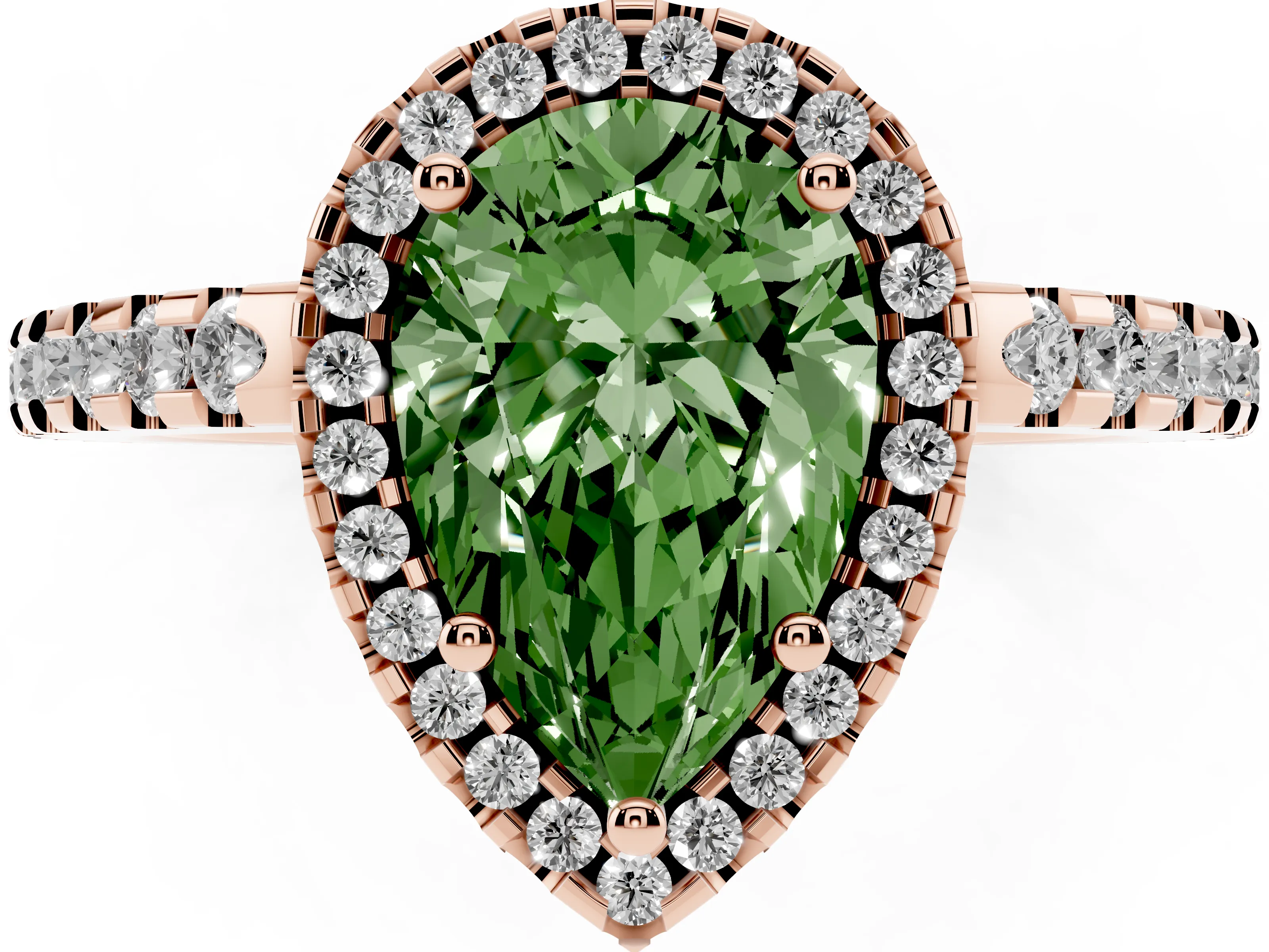 Fancy Green Pear Cut Diamond Halo Ring Set in Rose gold with Pavé Shoulders and Halo-Framed Center