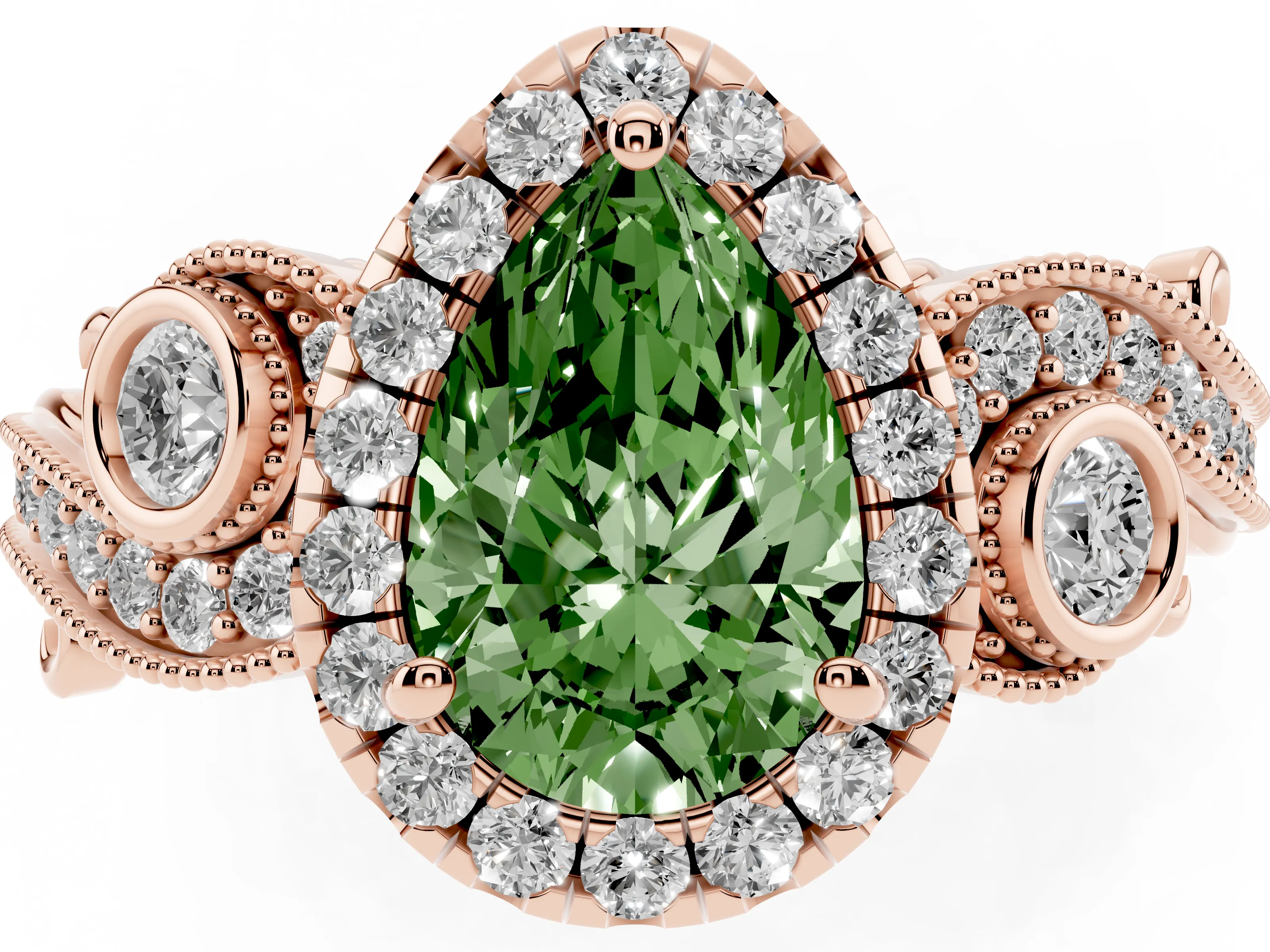 Fancy Green Pear Cut Diamond Halo Ring Set in Rose gold with Milgrain Pavé Band and Prong Setting