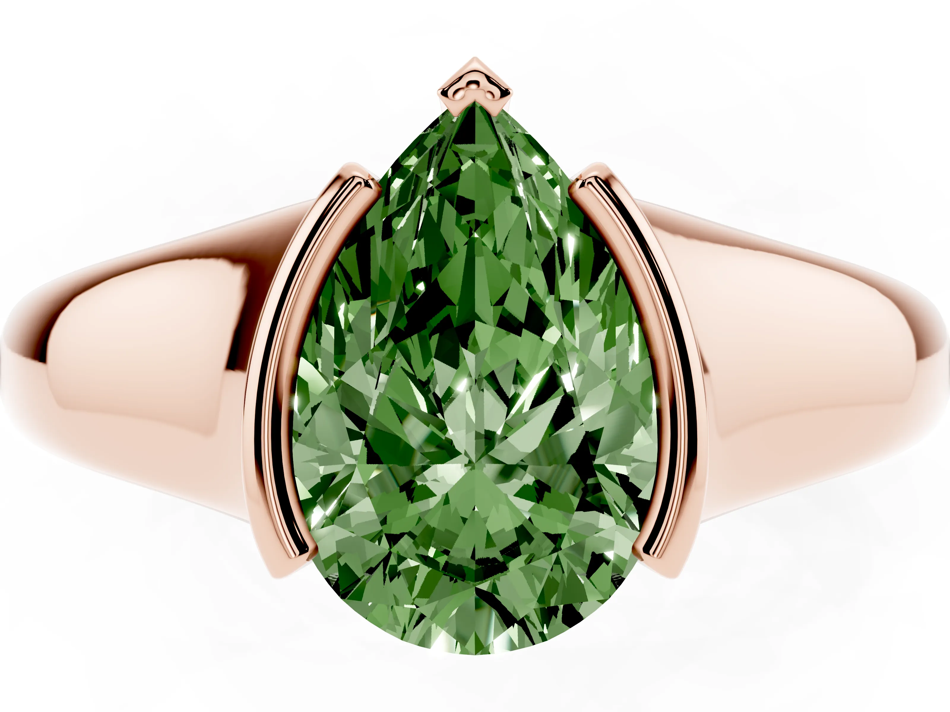 Fancy Green Pear Cut Diamond Solitaire Tension Set Ring Set in Rose gold with Split Shank Band