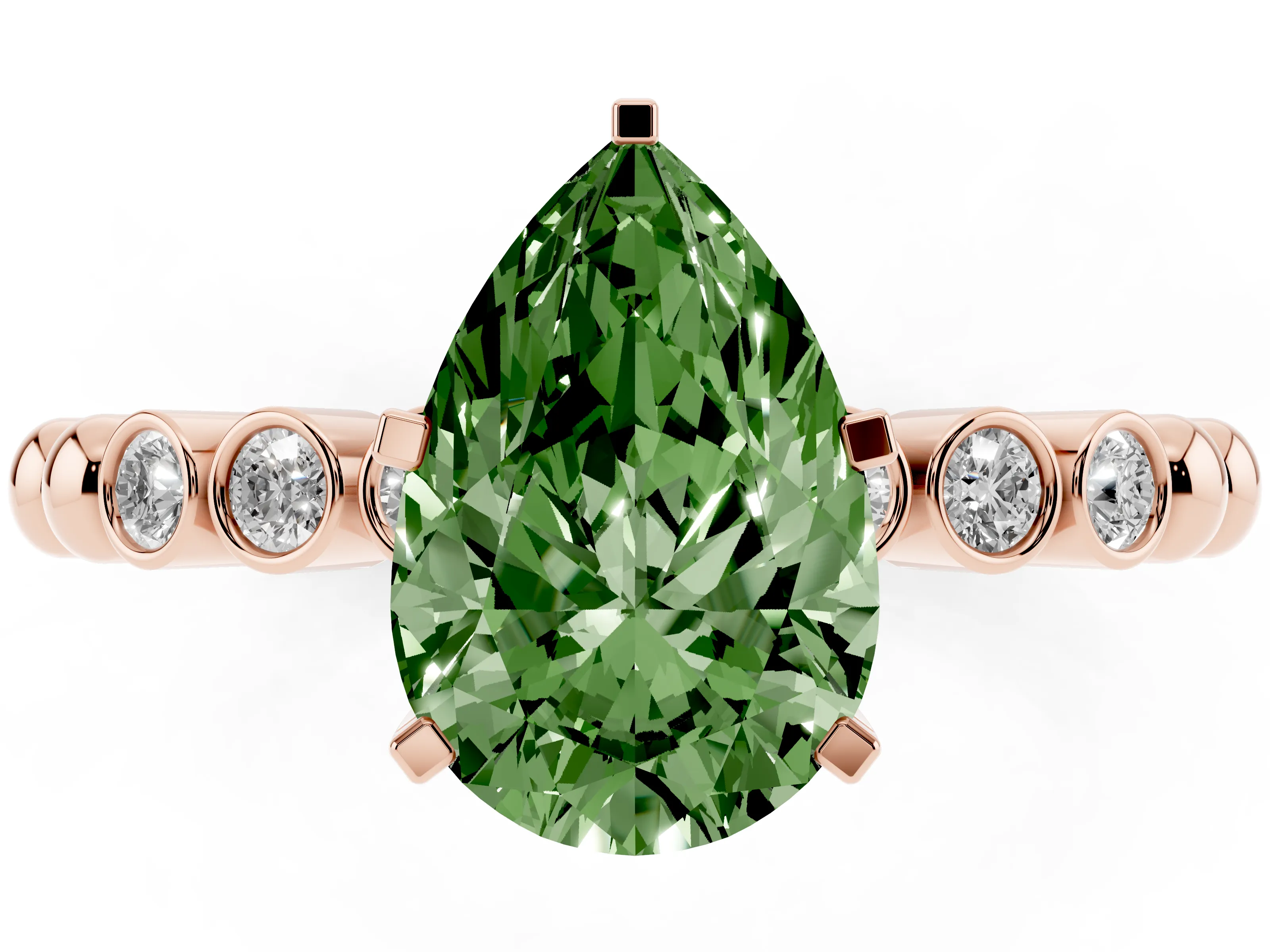 Fancy Green Pear Cut Diamond Solitaire Engagement Ring Set in Rose gold with Bezel Accents on Beaded Band