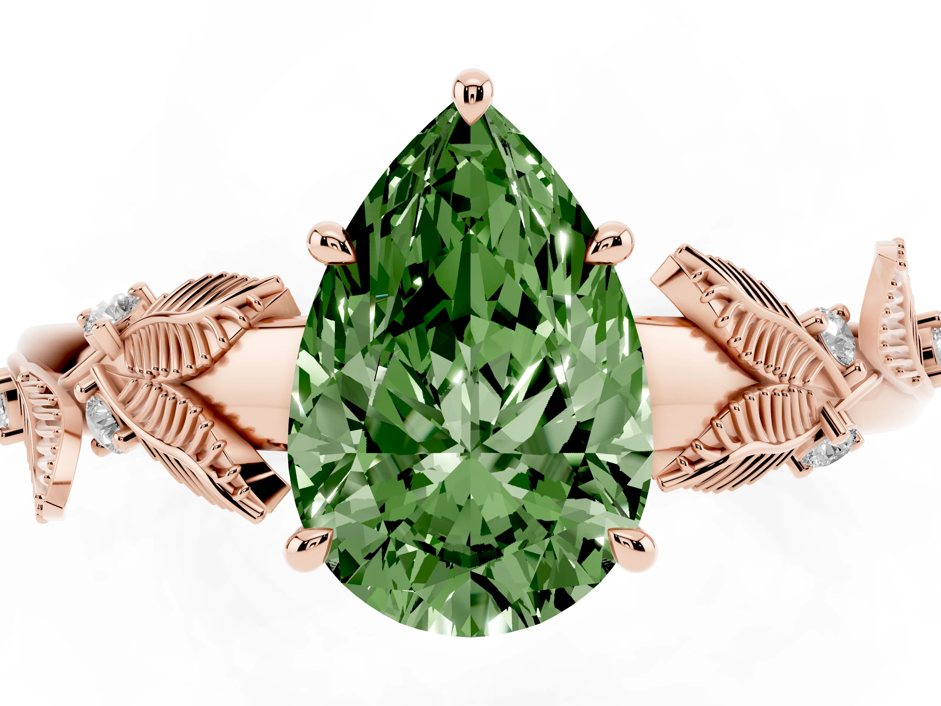 Fancy Green Pear Cut Diamond Solitaire Ring Set in Rose gold with Leaf Motif Band